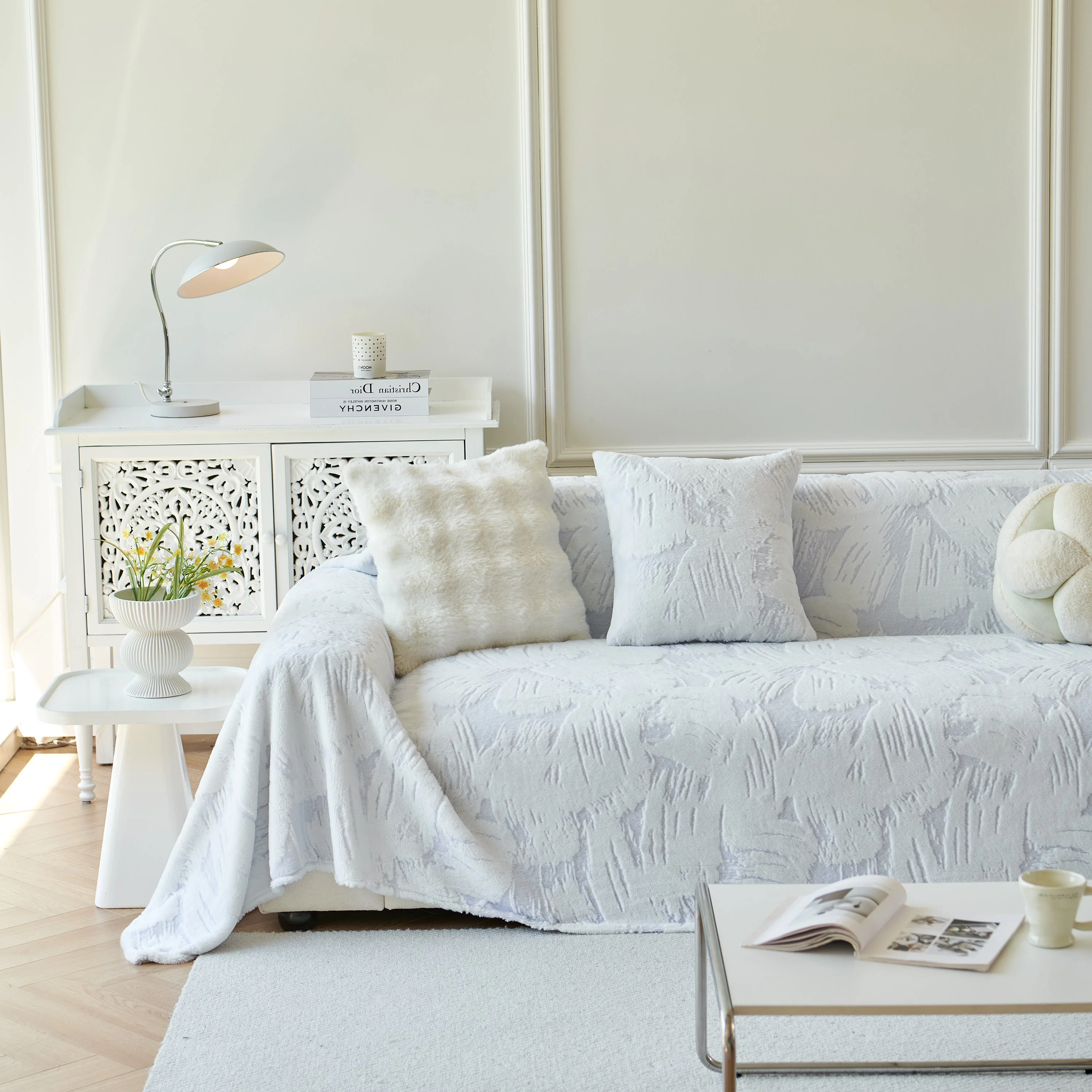 Plush Faux Fur Warm Sofa Cover with Waves Jacquard Textured Throw Blankets for Couch - Image 57