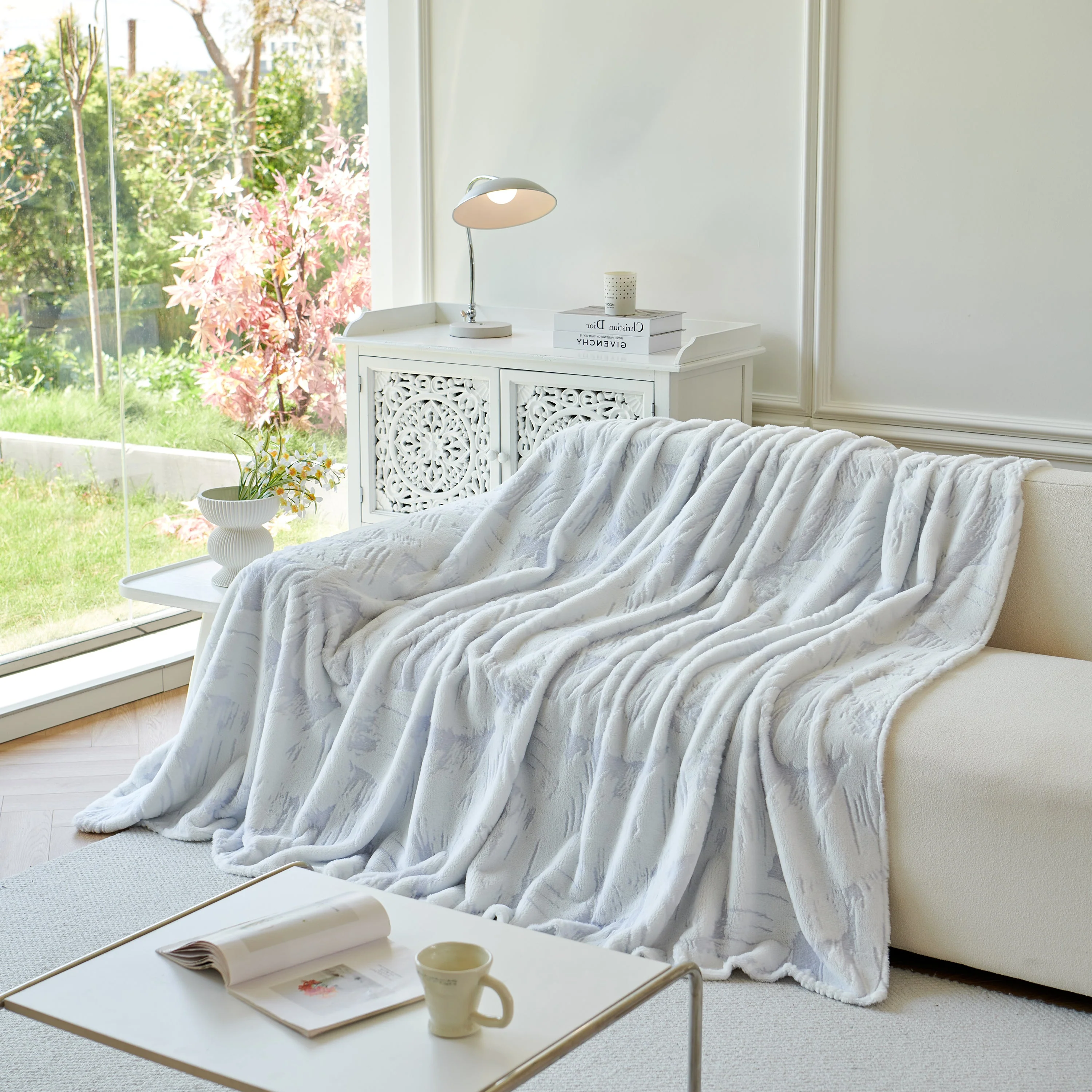 Plush Faux Fur Warm Sofa Cover with Waves Jacquard Textured Throw Blankets for Couch - Image 59