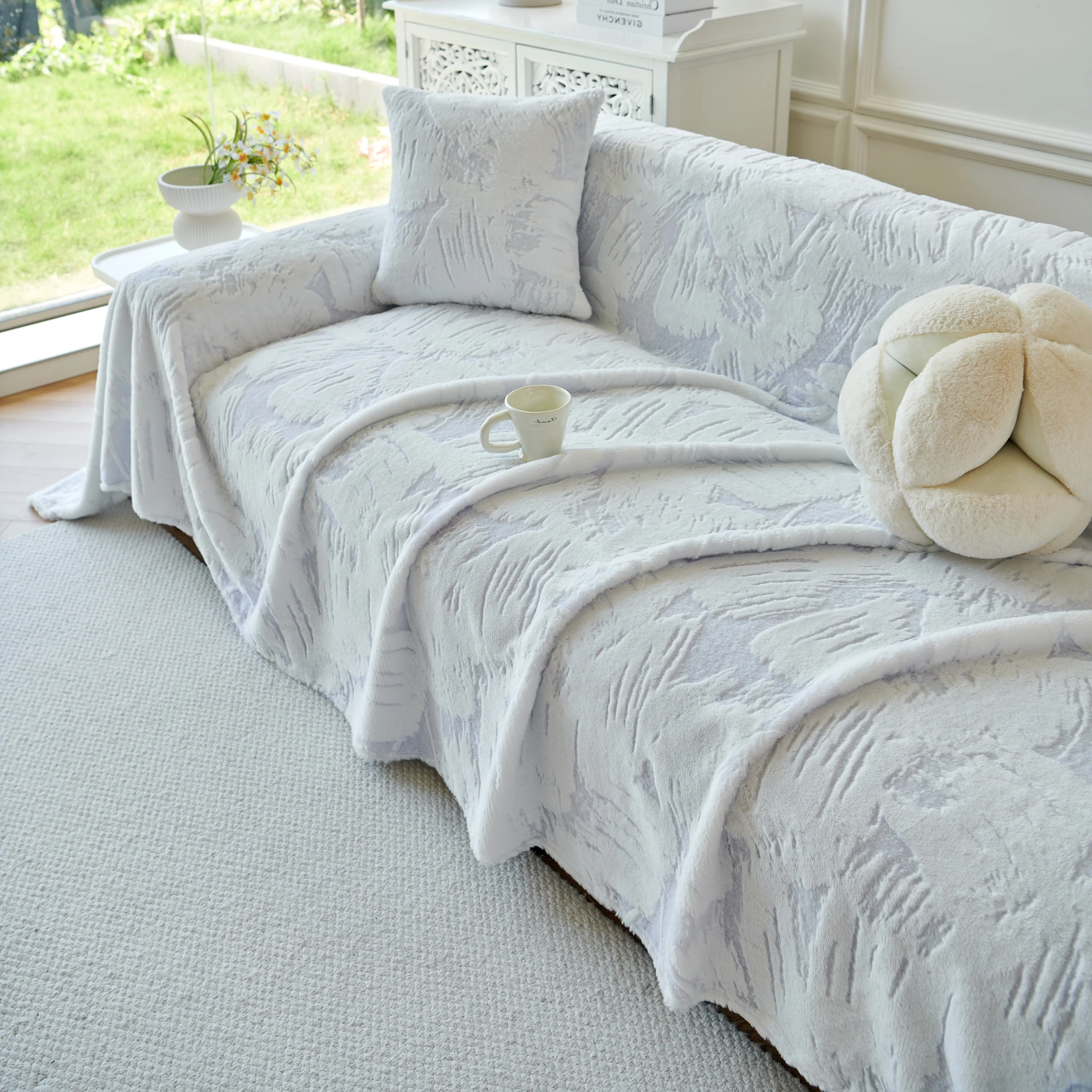 Plush Faux Fur Warm Sofa Cover with Waves Jacquard Textured Throw Blankets for Couch - Image 61