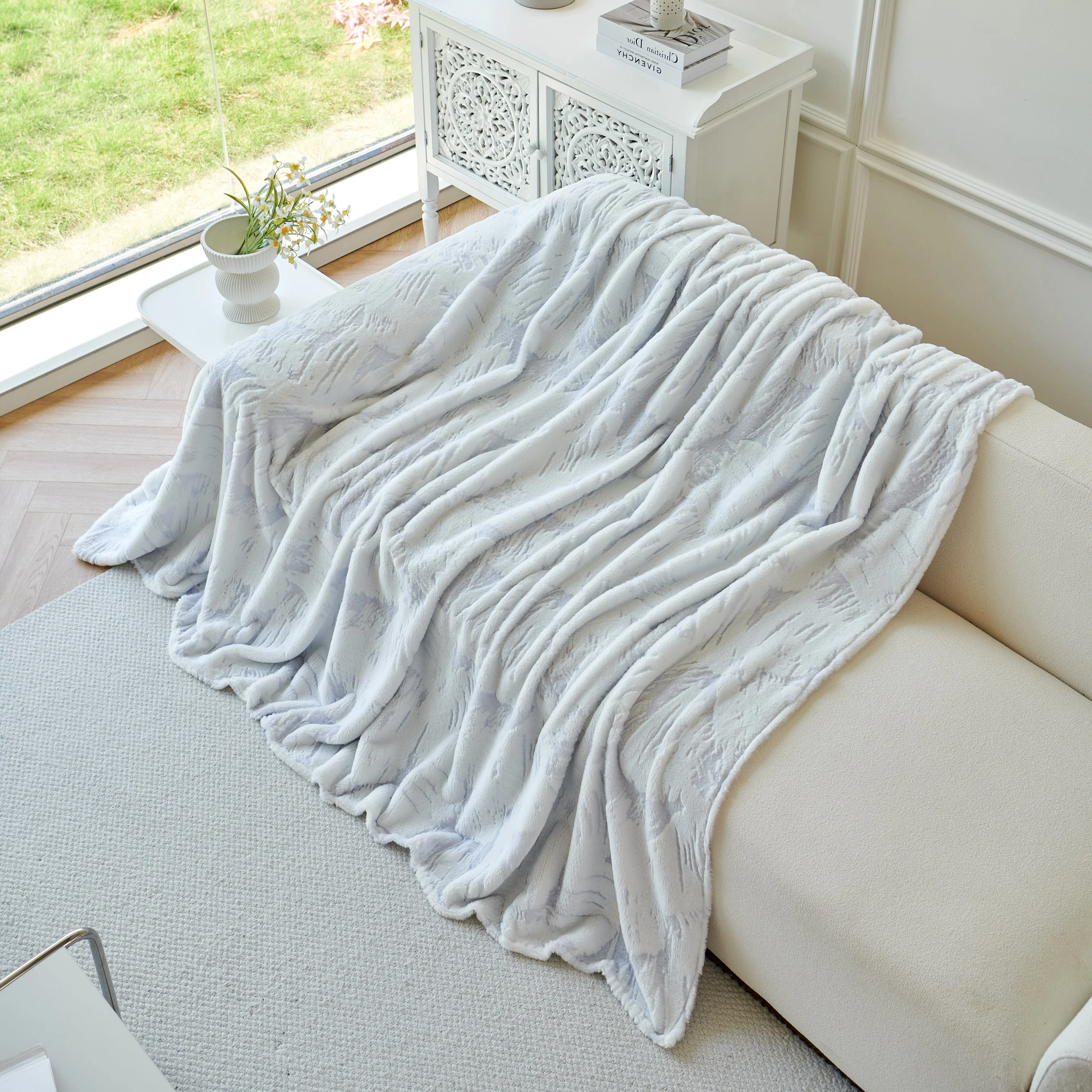 Plush Faux Fur Warm Sofa Cover with Waves Jacquard Textured Throw Blankets for Couch - Image 62