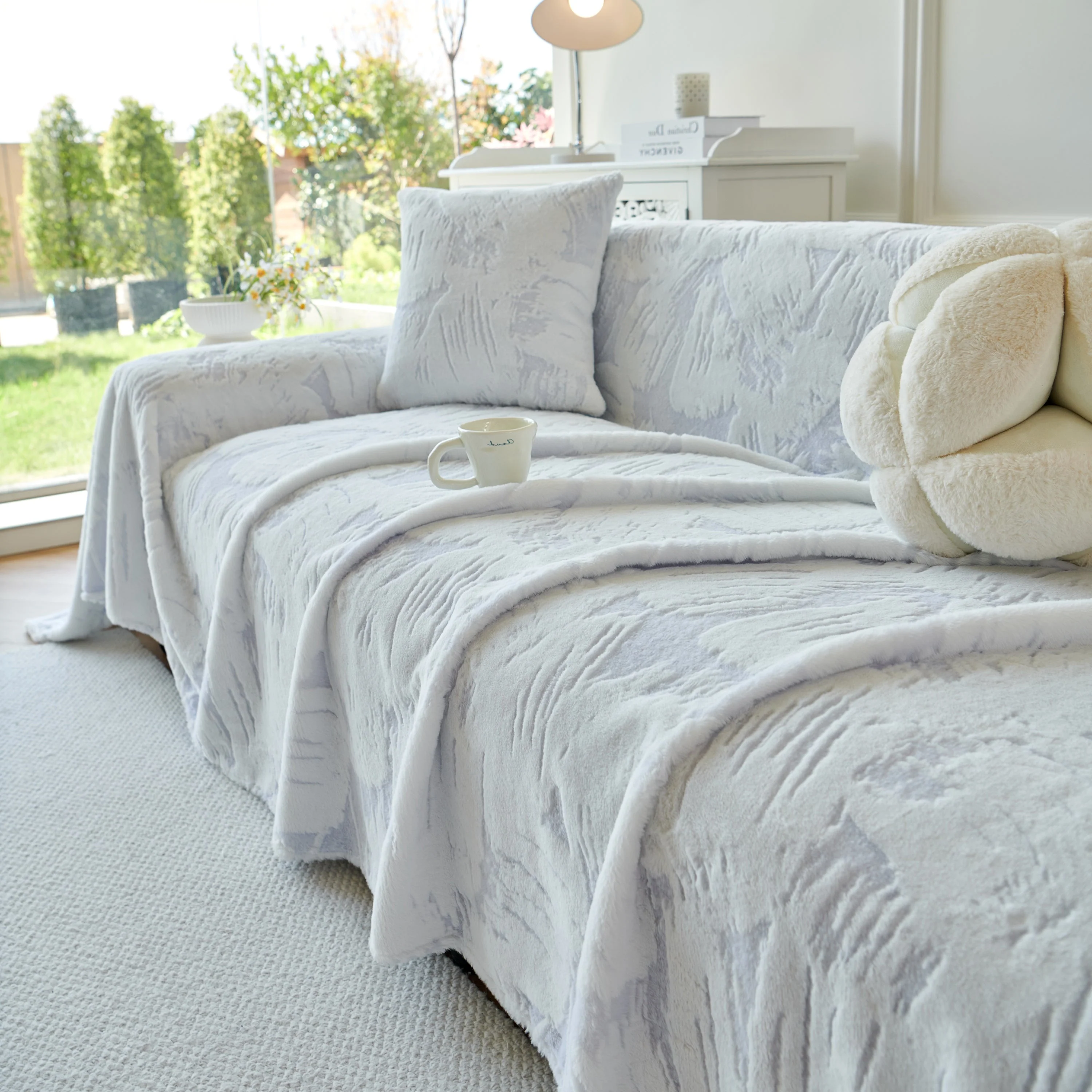 Plush Faux Fur Warm Sofa Cover with Waves Jacquard Textured Throw Blankets for Couch - Image 63