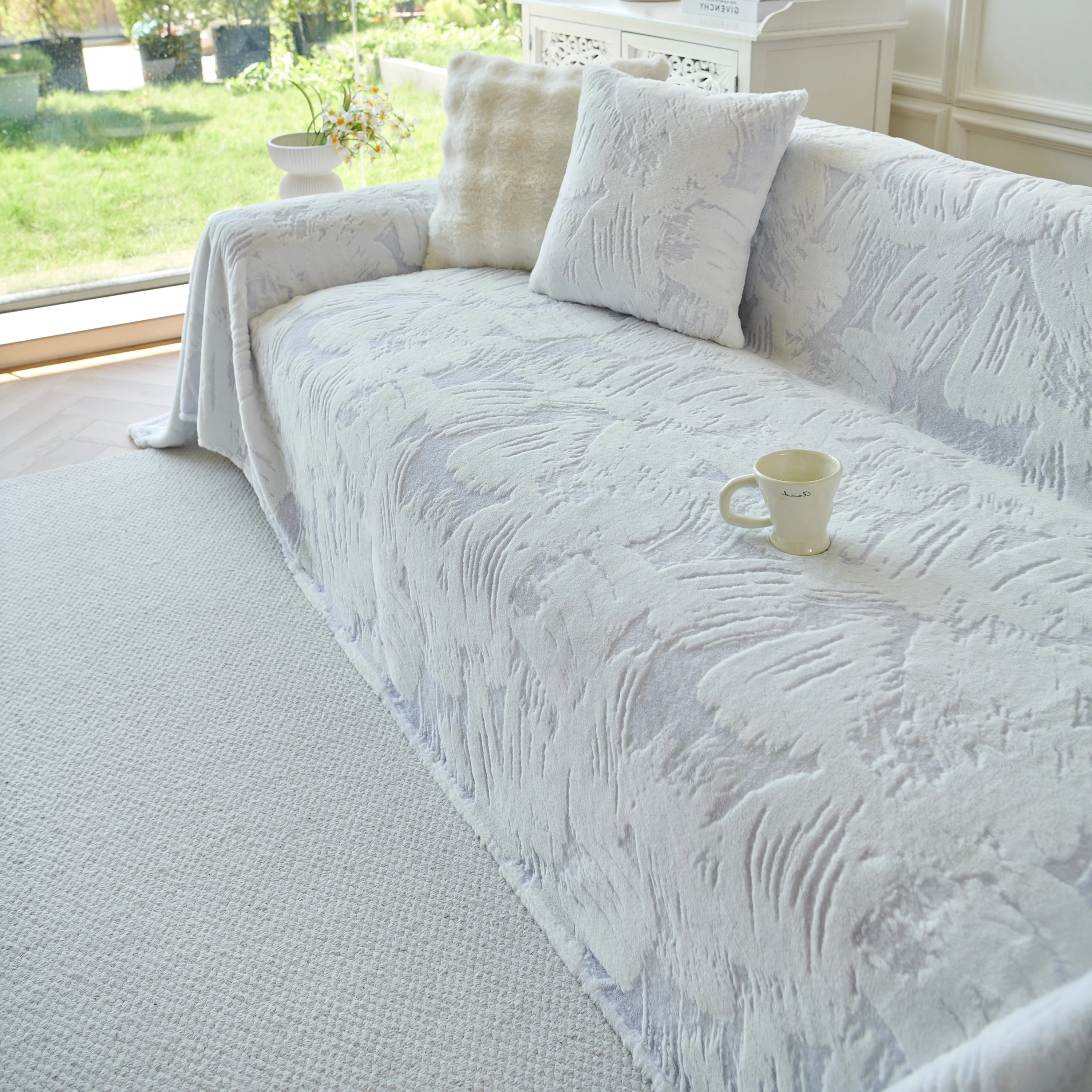 Plush Faux Fur Warm Sofa Cover with Waves Jacquard Textured Throw Blankets for Couch - Image 65