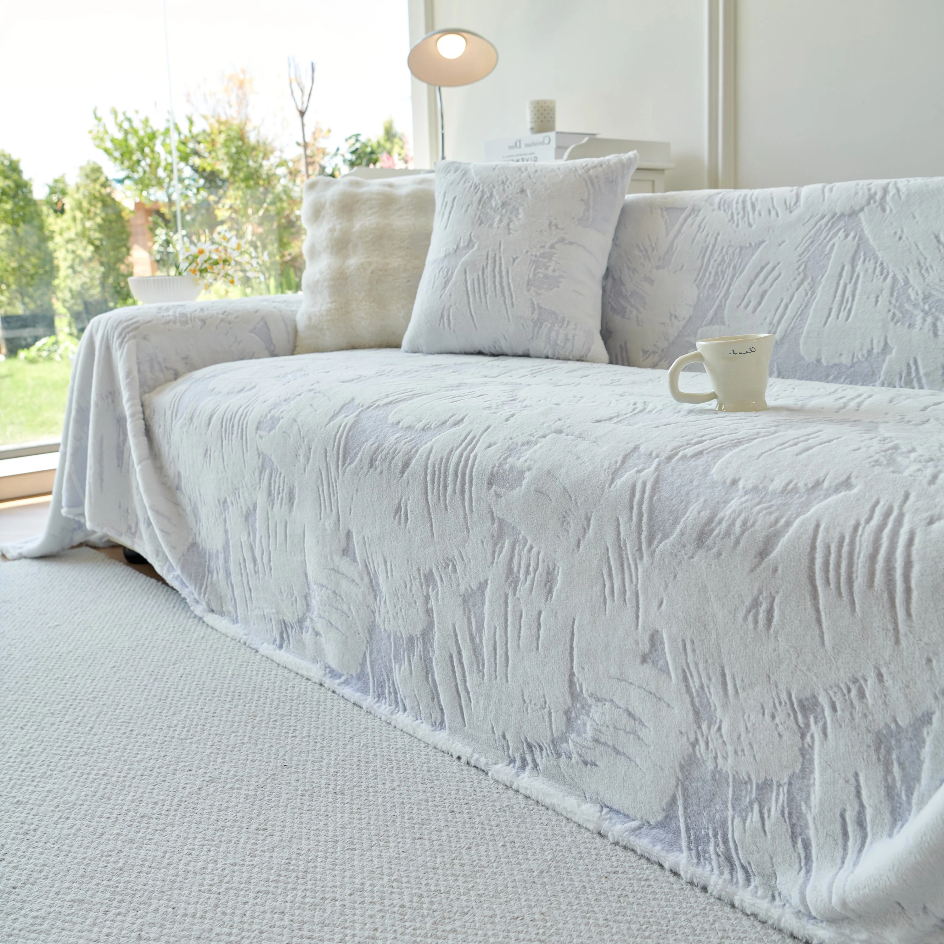 Plush Faux Fur Warm Sofa Cover with Waves Jacquard Textured Throw Blankets for Couch - Image 67