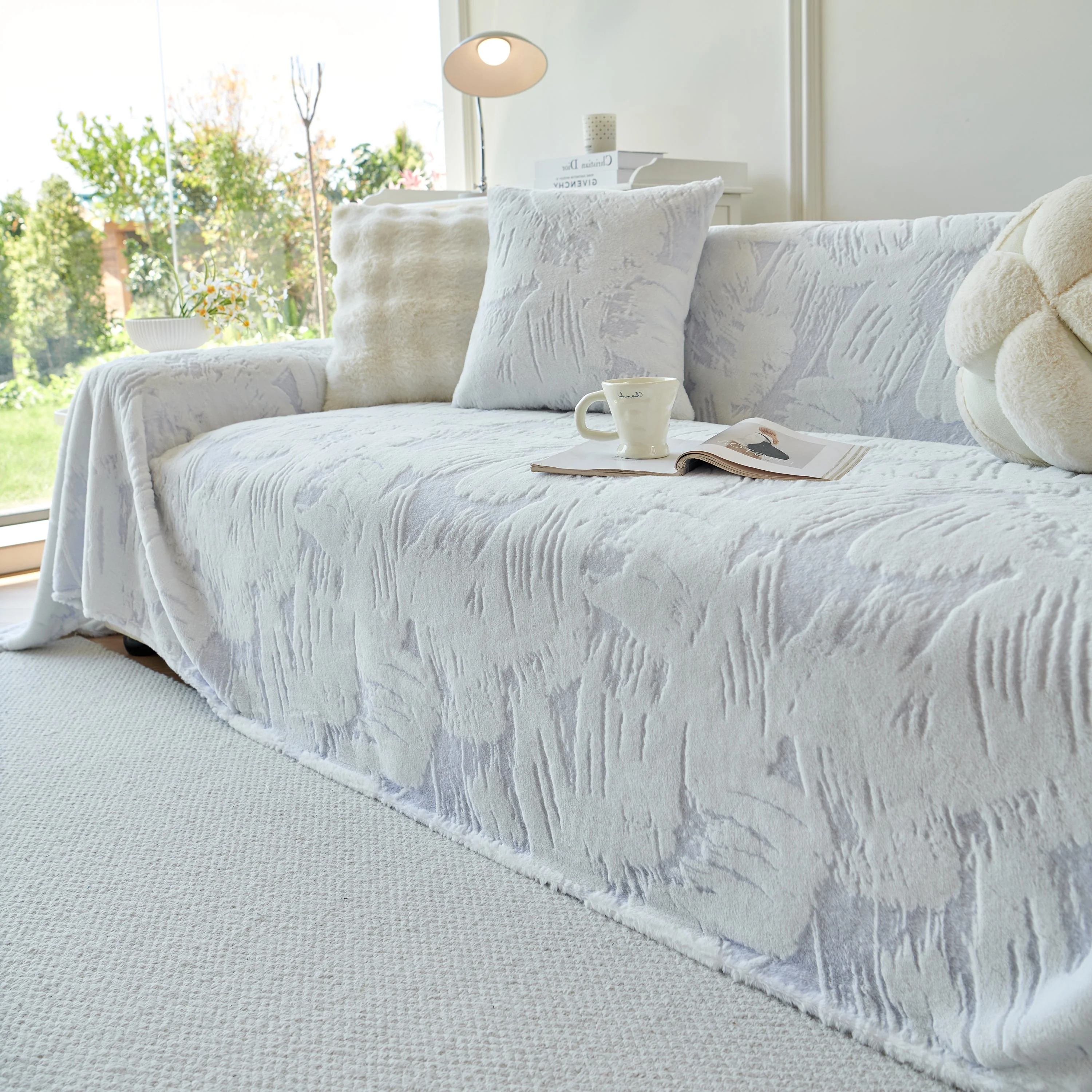 Plush Faux Fur Warm Sofa Cover with Waves Jacquard Textured Throw Blankets for Couch - Image 68