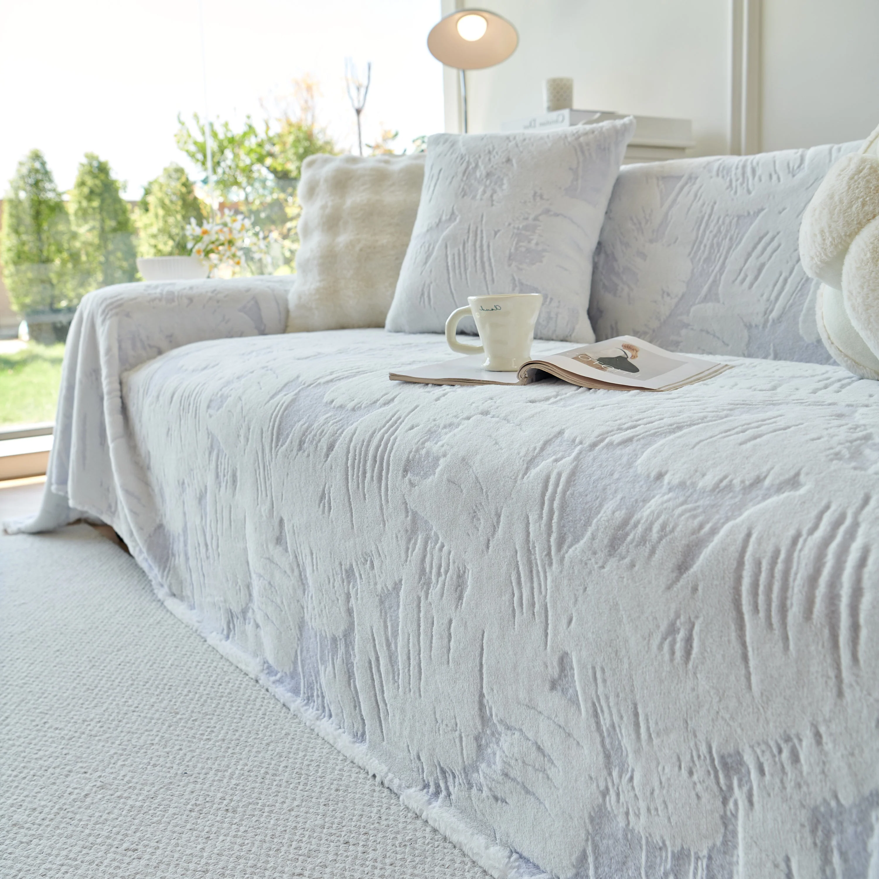 Plush Faux Fur Warm Sofa Cover with Waves Jacquard Textured Throw Blankets for Couch - Image 69