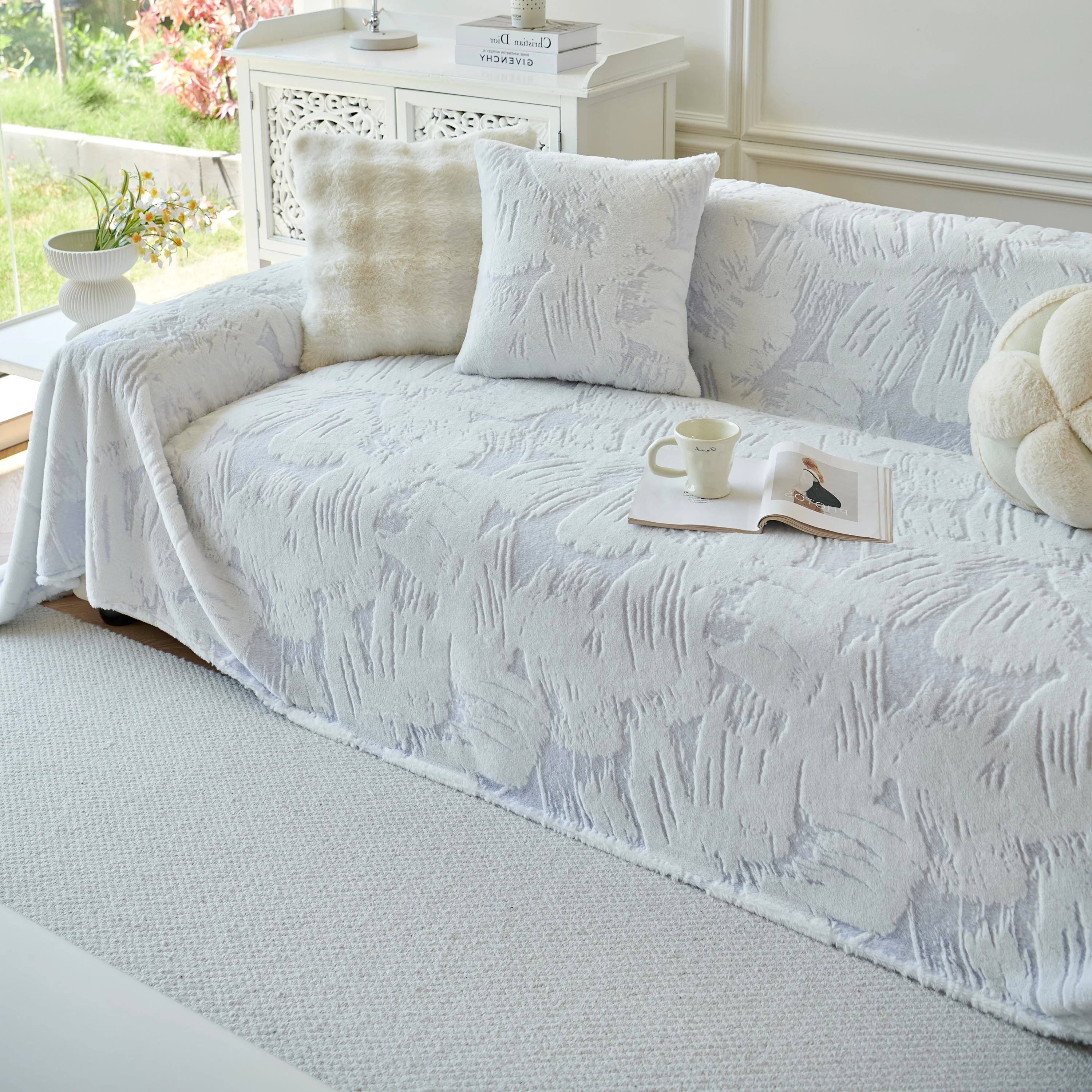 Plush Faux Fur Warm Sofa Cover with Waves Jacquard Textured Throw Blankets for Couch - Image 72