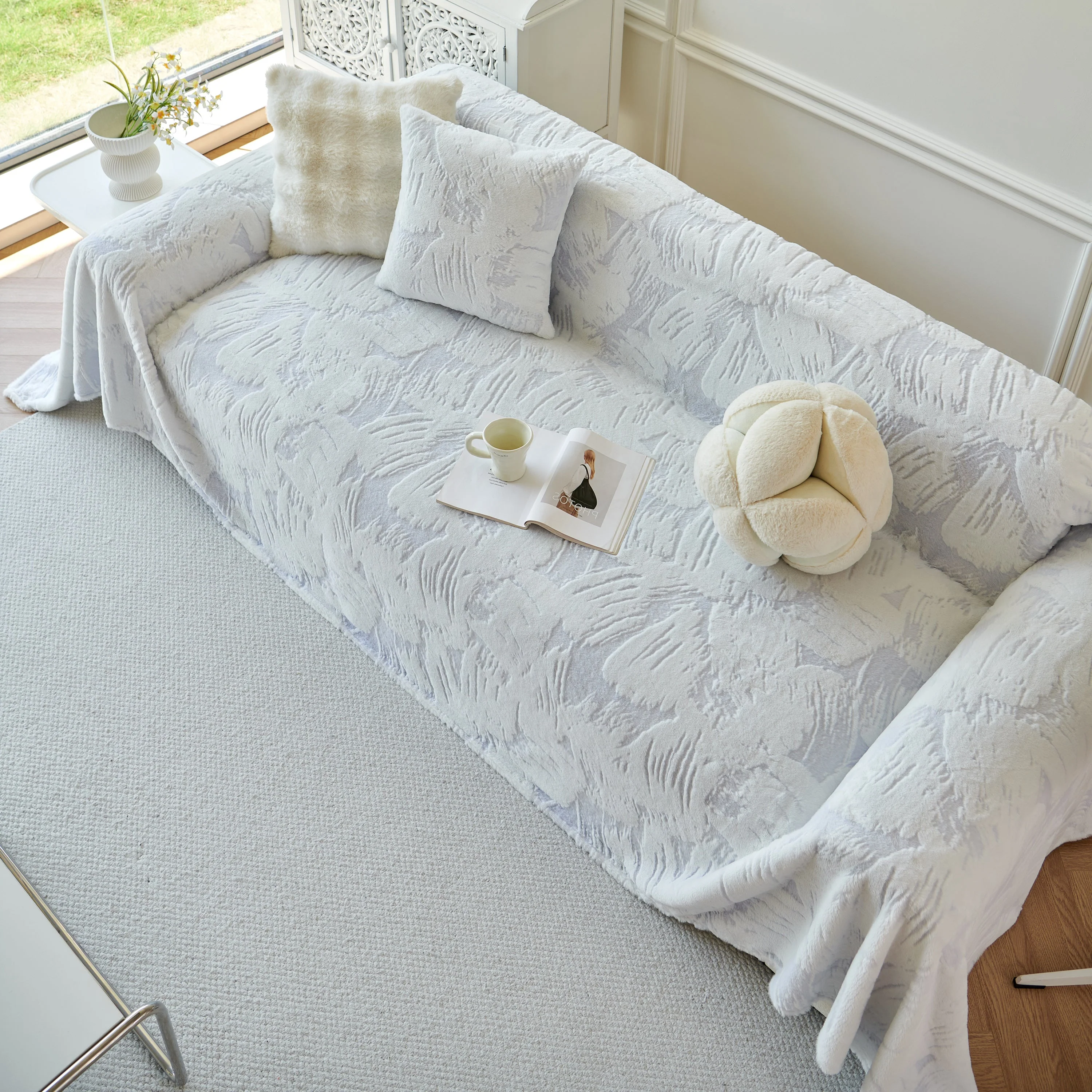 Plush Faux Fur Warm Sofa Cover with Waves Jacquard Textured Throw Blankets for Couch - Image 73