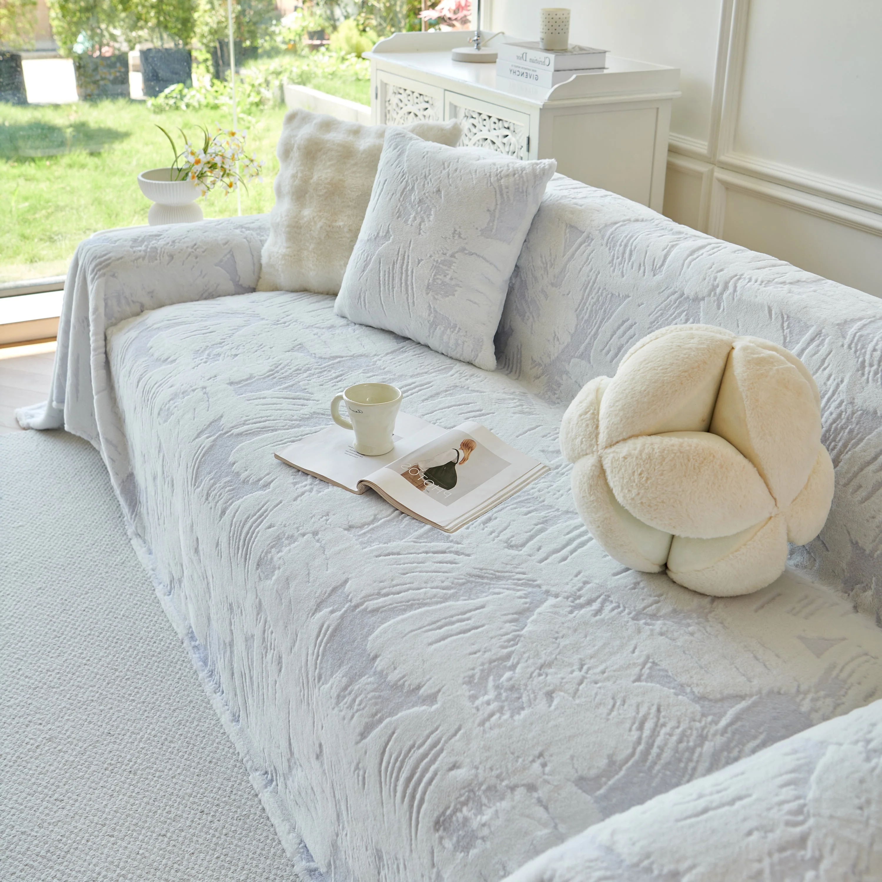 Plush Faux Fur Warm Sofa Cover with Waves Jacquard Textured Throw Blankets for Couch - Image 74