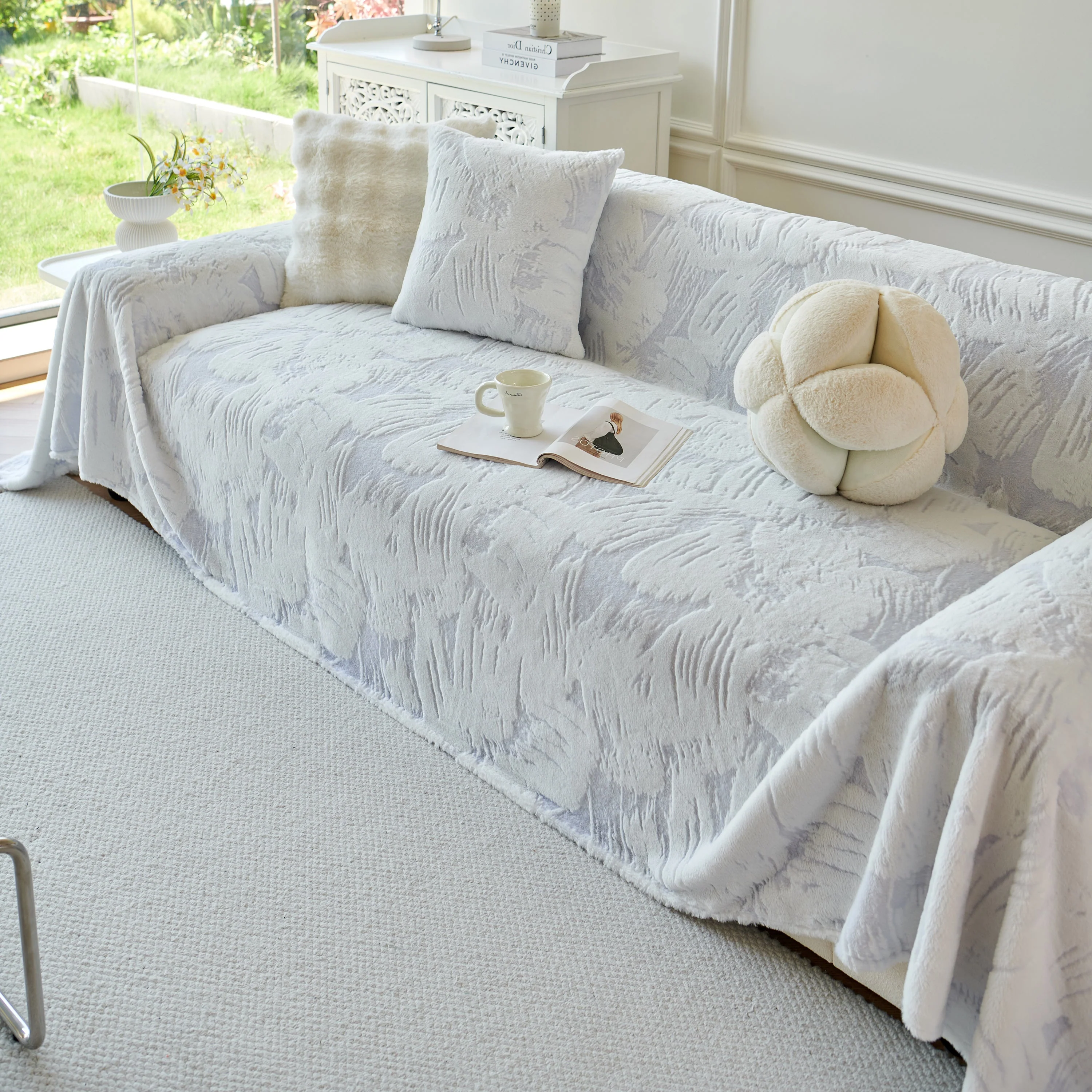Plush Faux Fur Warm Sofa Cover with Waves Jacquard Textured Throw Blankets for Couch - Image 75