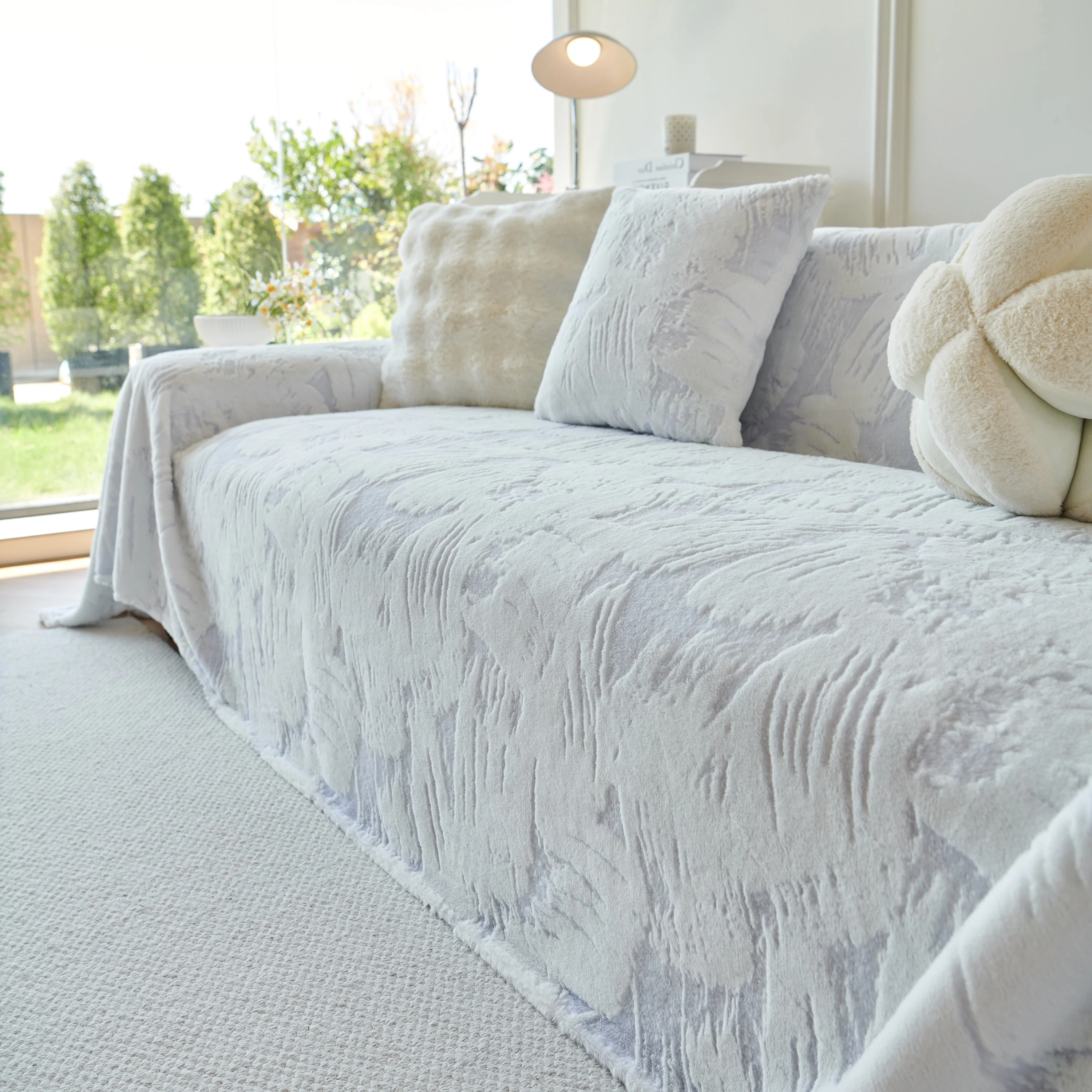 Plush Faux Fur Warm Sofa Cover with Waves Jacquard Textured Throw Blankets for Couch - Image 76