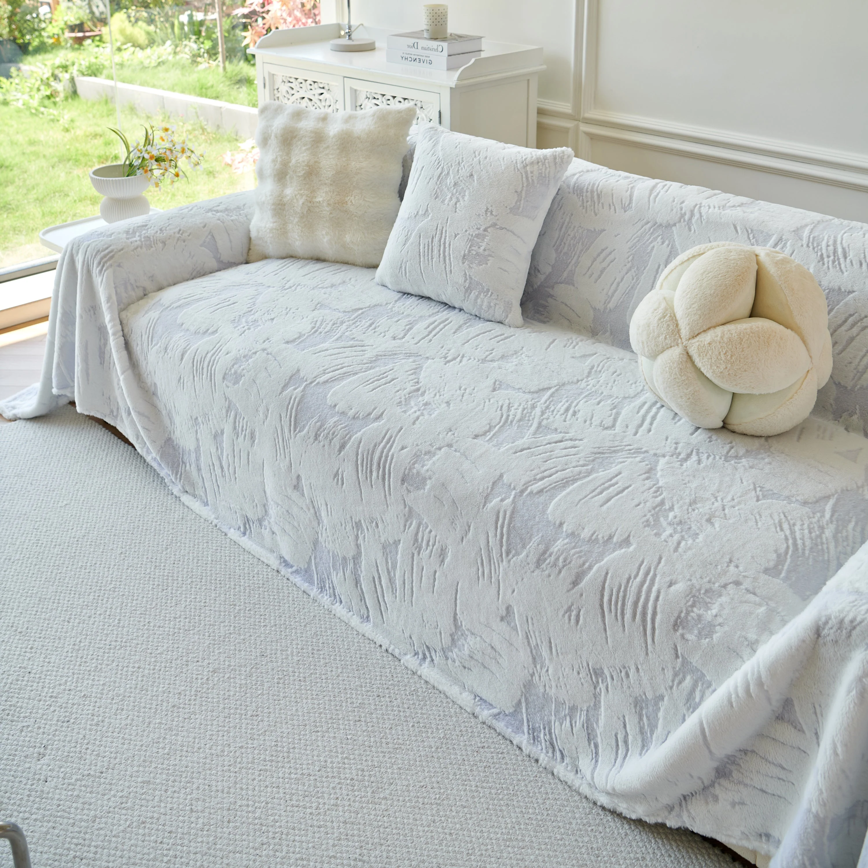 Plush Faux Fur Warm Sofa Cover with Waves Jacquard Textured Throw Blankets for Couch - Image 77