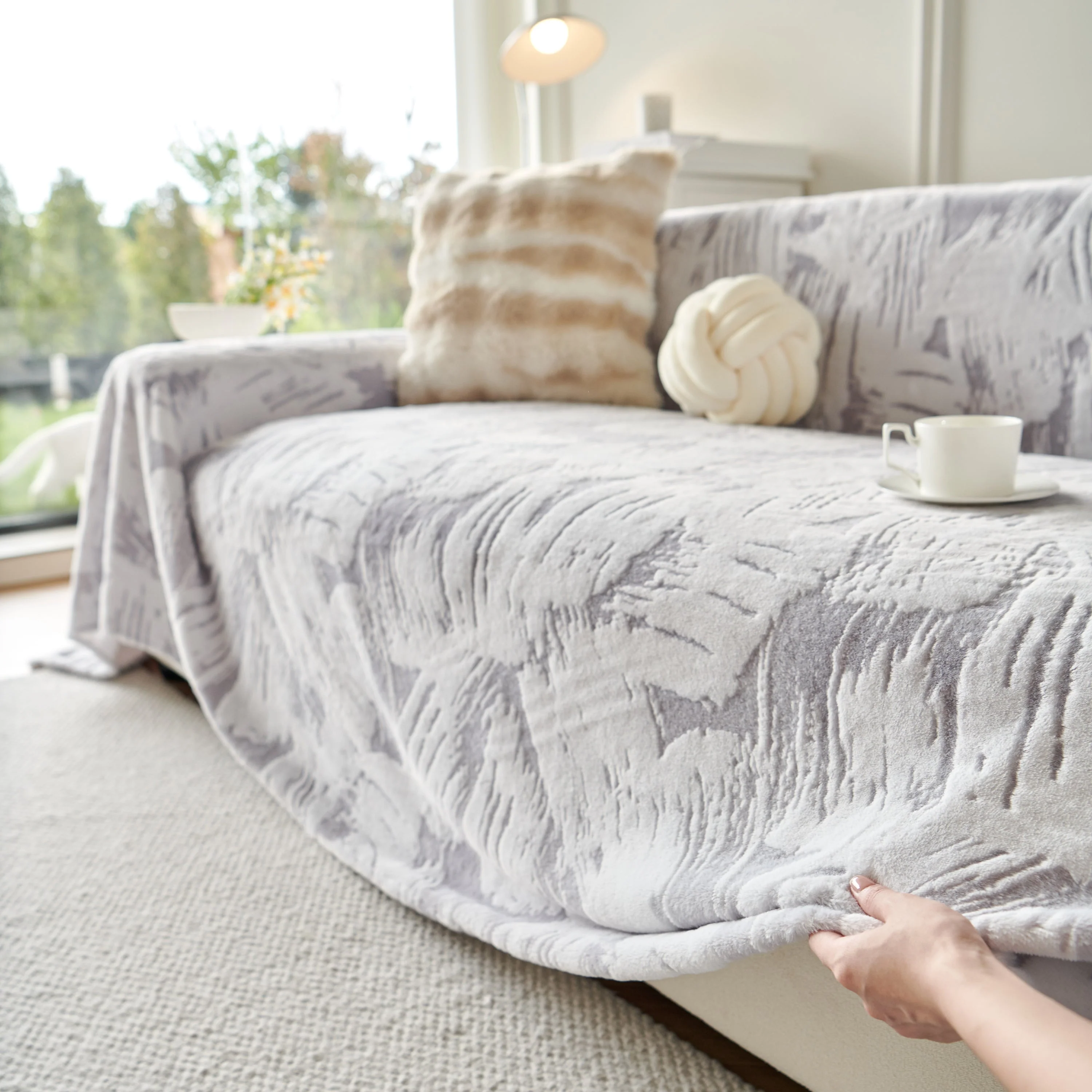 Plush Faux Fur Warm Sofa Cover with Waves Jacquard Textured Throw Blankets for Couch - Image 86