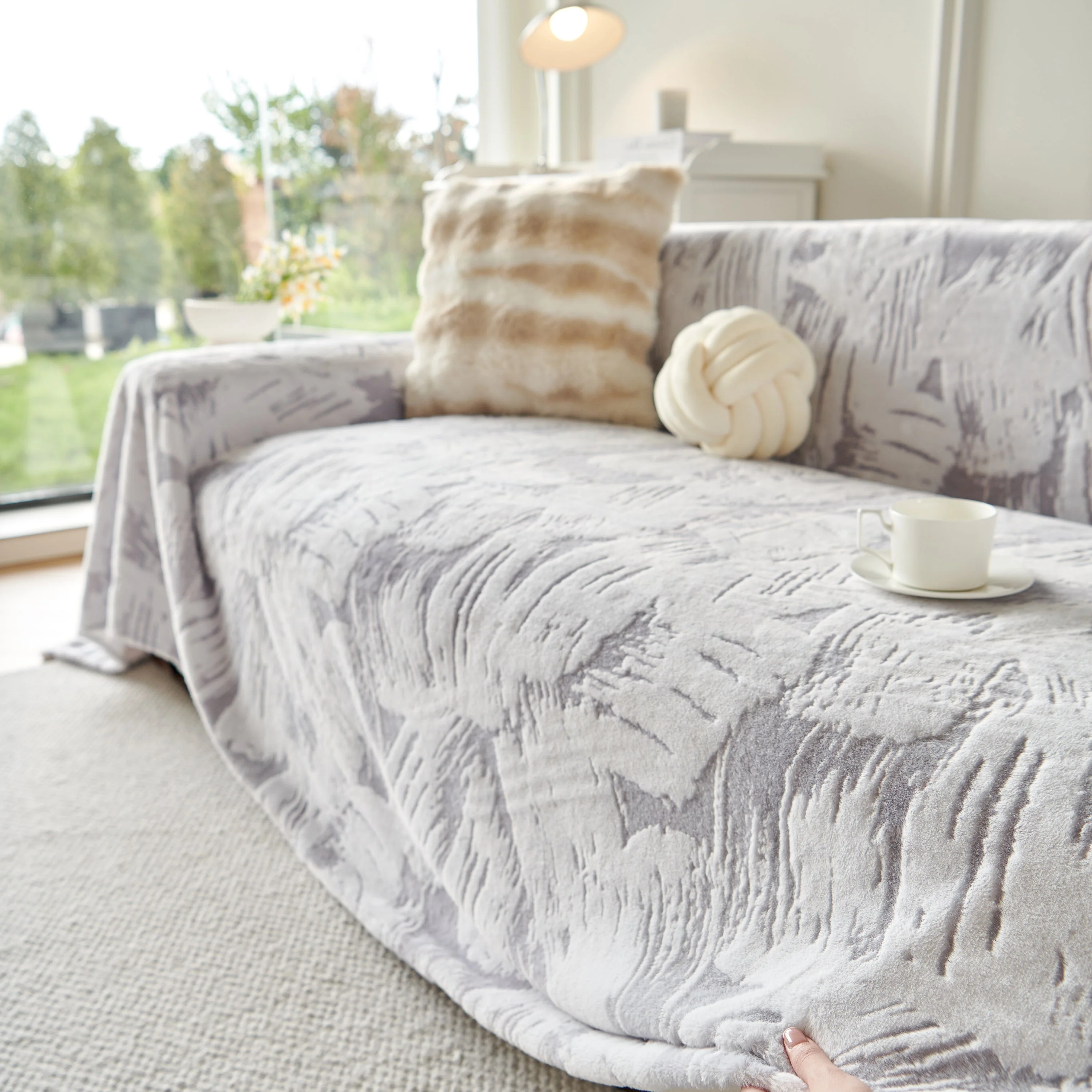 Plush Faux Fur Warm Sofa Cover with Waves Jacquard Textured Throw Blankets for Couch - Image 87