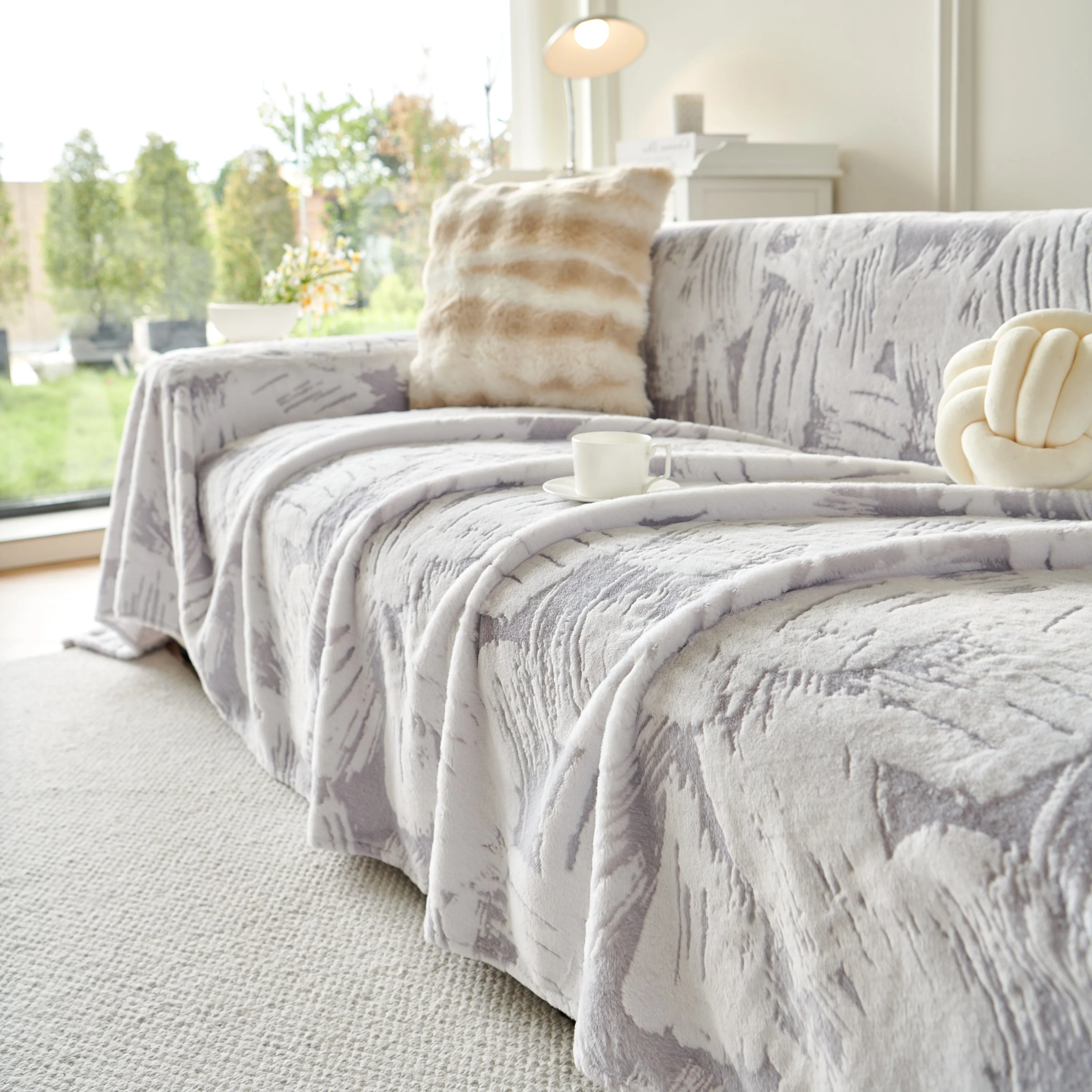 Plush Faux Fur Warm Sofa Cover with Waves Jacquard Textured Throw Blankets for Couch - Image 88