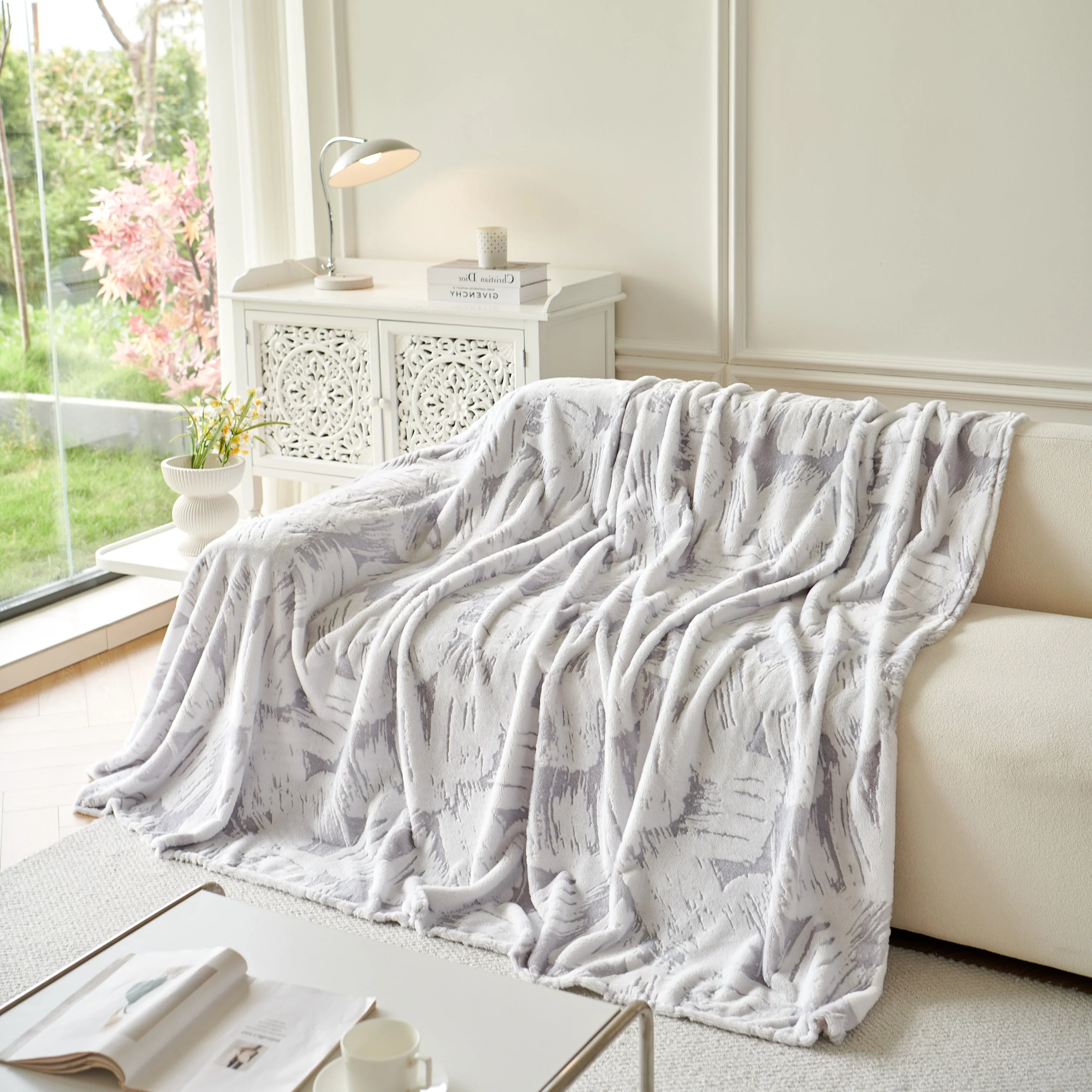 Plush Faux Fur Warm Sofa Cover with Waves Jacquard Textured Throw Blankets for Couch - Image 89