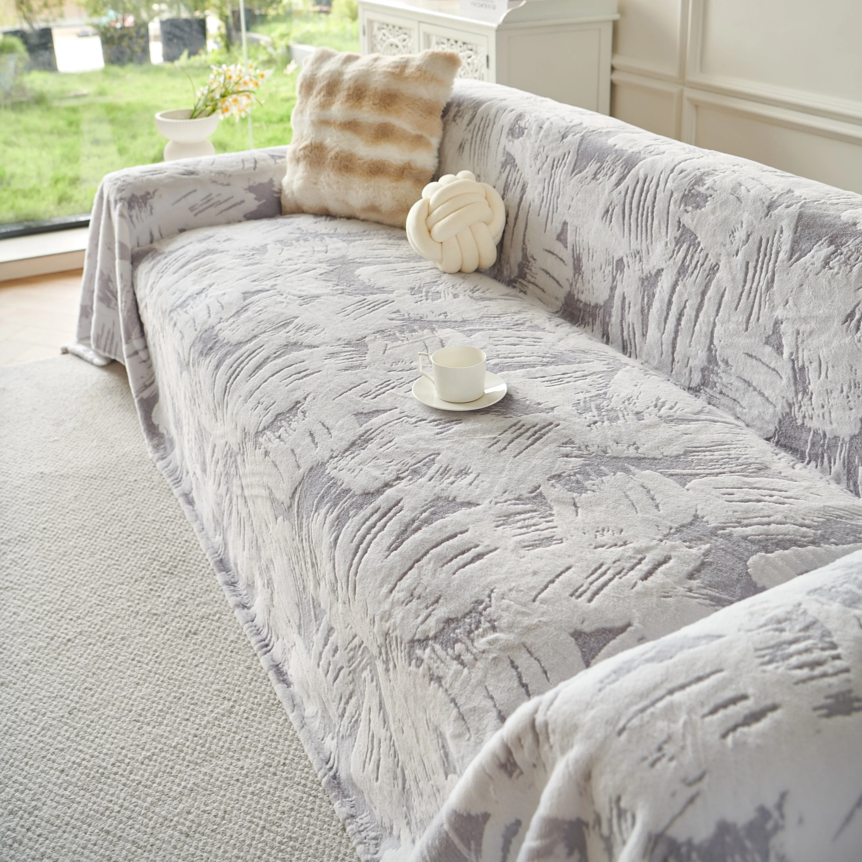Plush Faux Fur Warm Sofa Cover with Waves Jacquard Textured Throw Blankets for Couch - Image 90