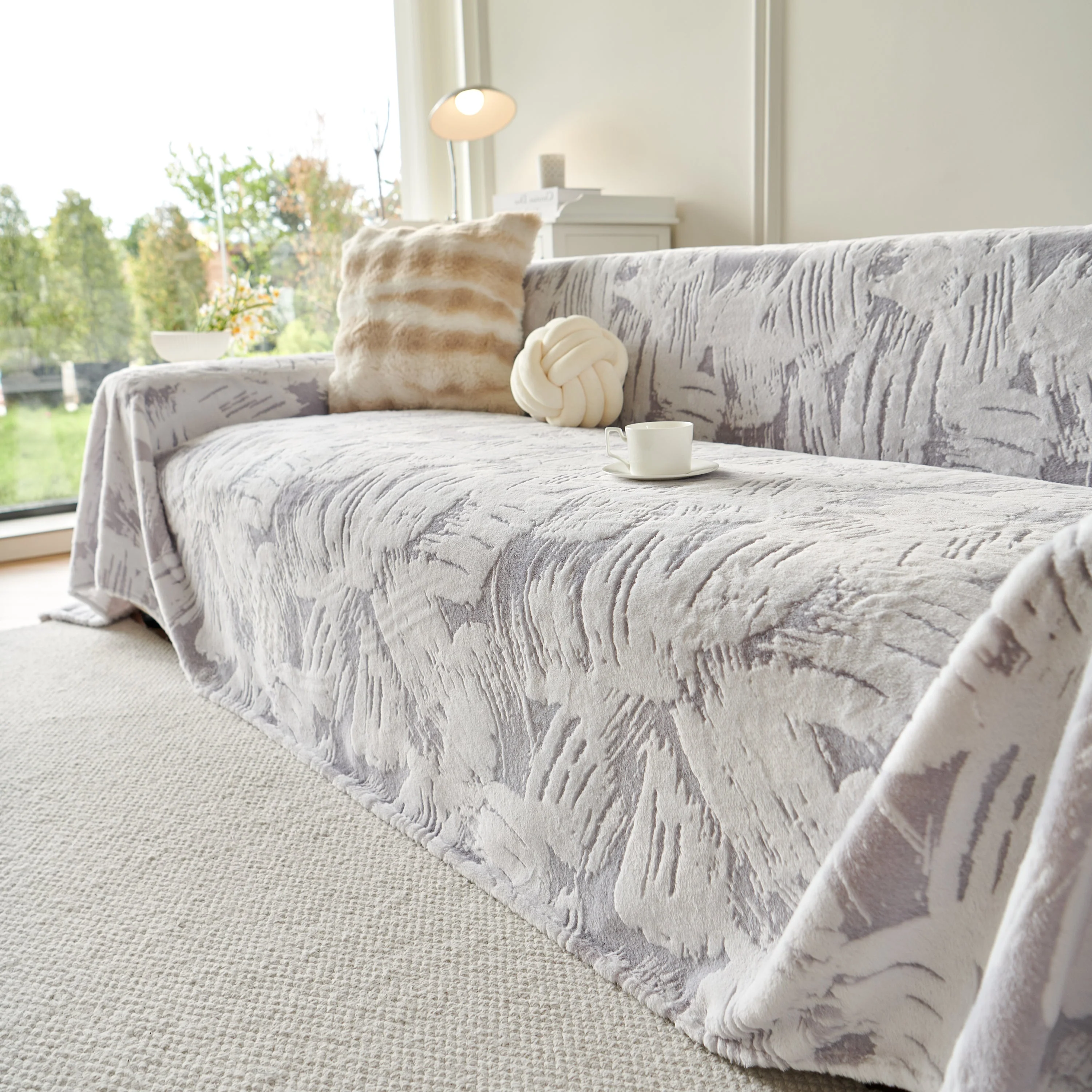 Plush Faux Fur Warm Sofa Cover with Waves Jacquard Textured Throw Blankets for Couch - Image 91