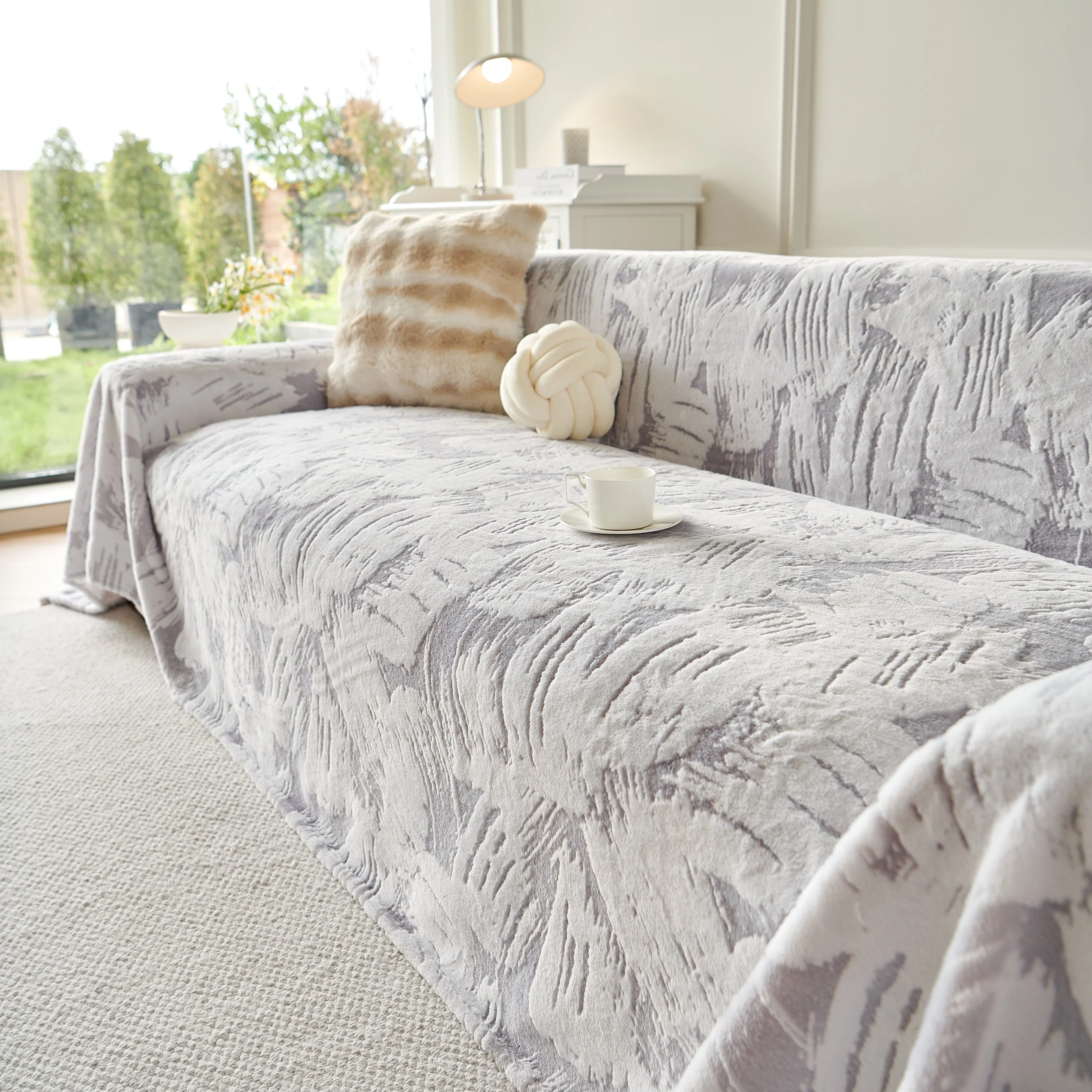 Plush Faux Fur Warm Sofa Cover with Waves Jacquard Textured Throw Blankets for Couch - Image 92