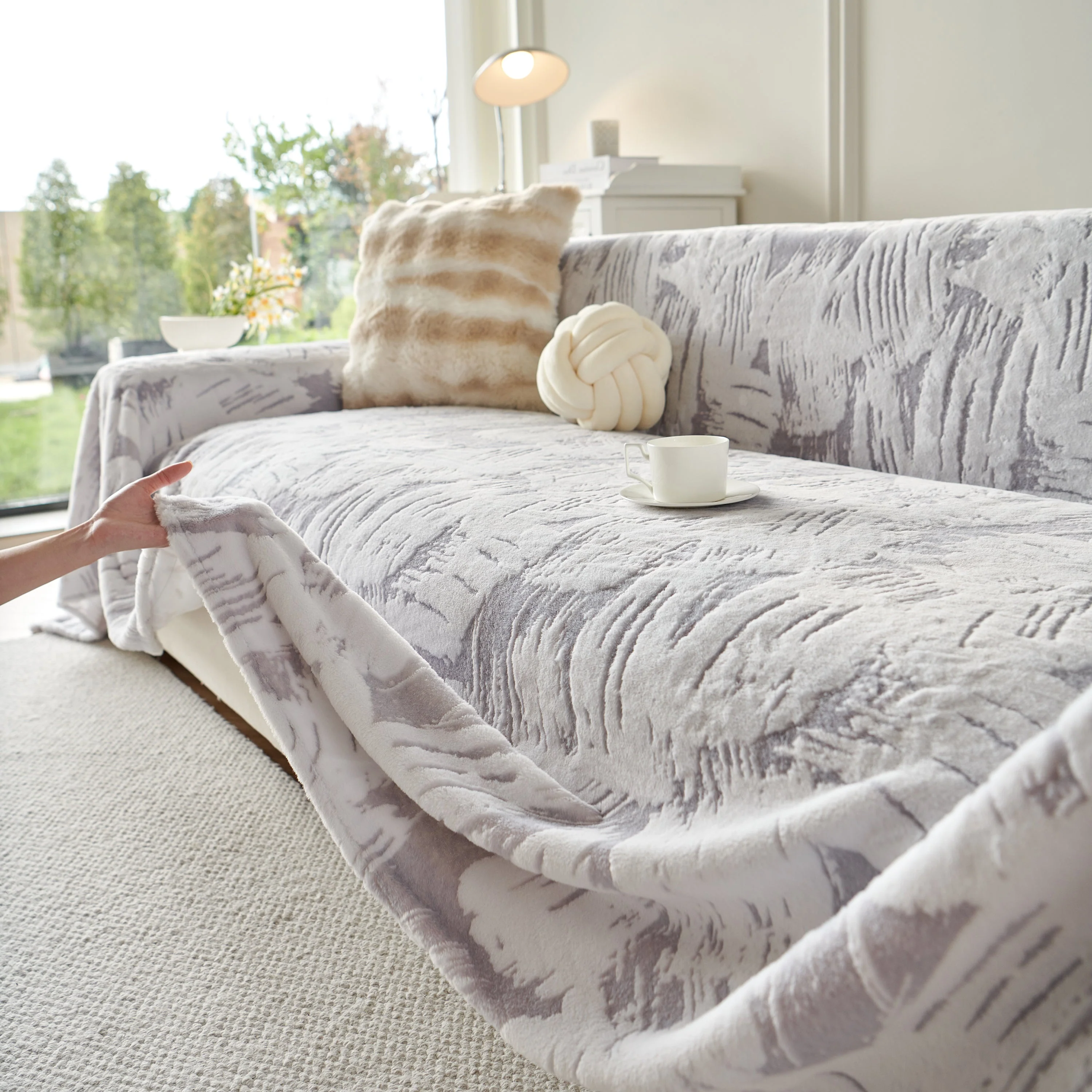 Plush Faux Fur Warm Sofa Cover with Waves Jacquard Textured Throw Blankets for Couch - Image 93