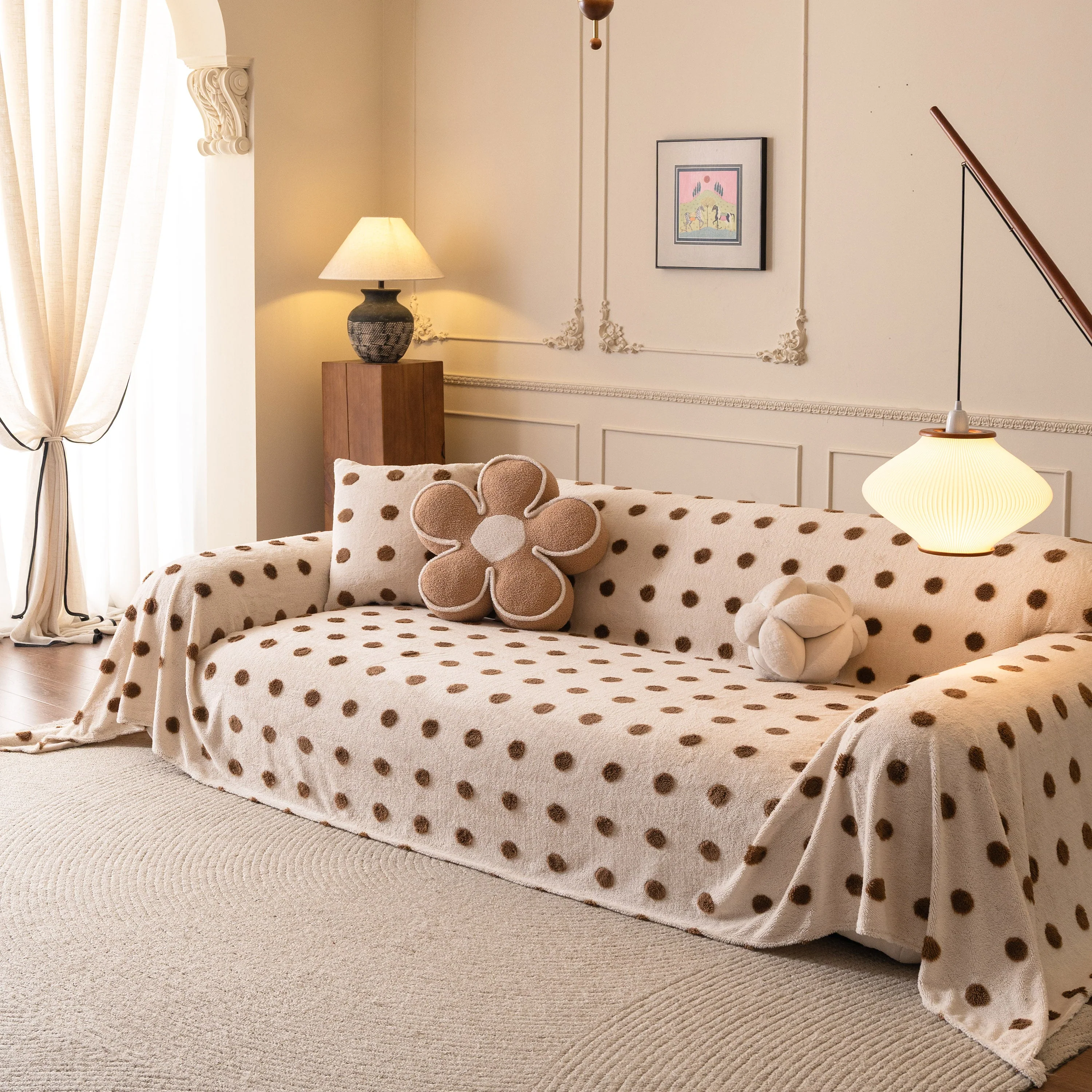 Plush Fleece Sofa Cover Throw, Soft Textured Polka Dot Couch Protector Blanket for Pets - Image 100