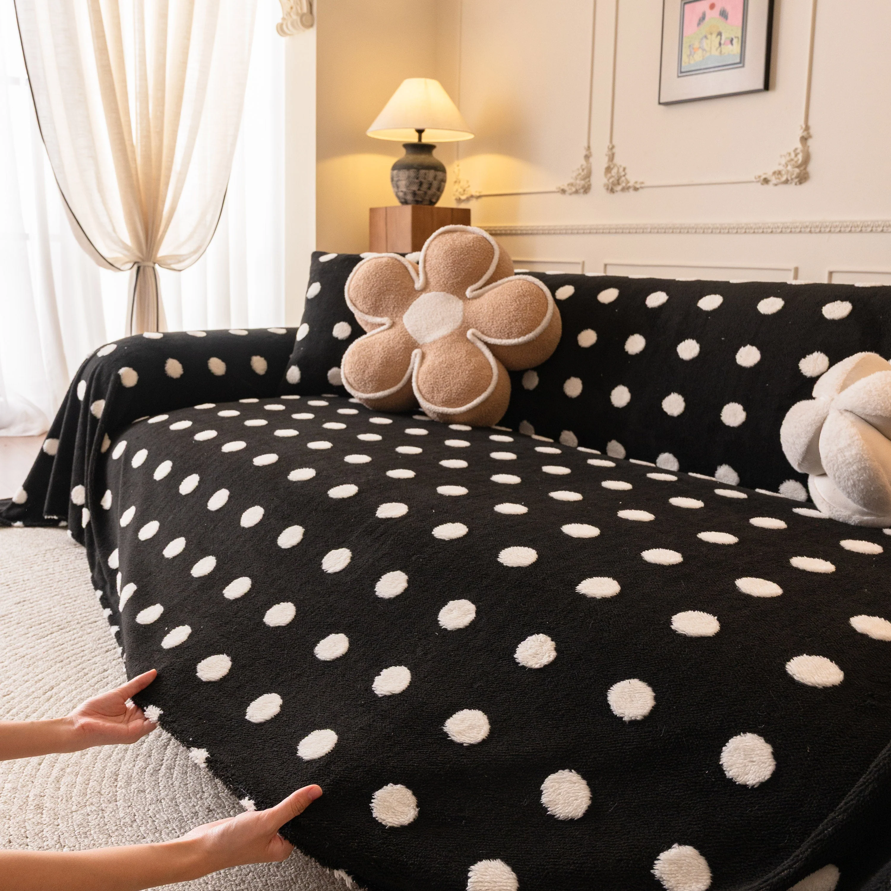 Plush Fleece Sofa Cover Throw, Soft Textured Polka Dot Couch Protector Blanket for Pets - Image 42