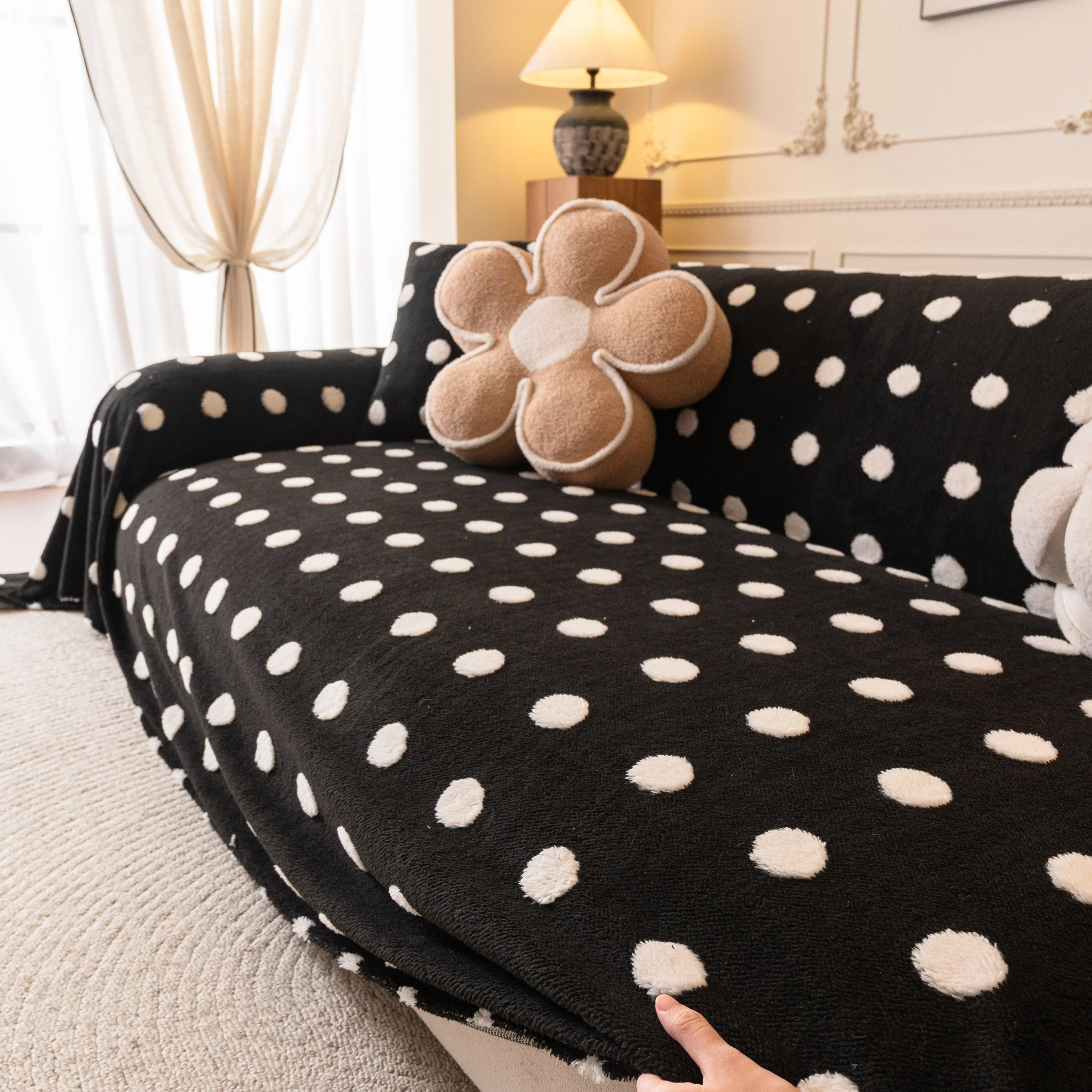 Plush Fleece Sofa Cover Throw, Soft Textured Polka Dot Couch Protector Blanket for Pets - Image 44