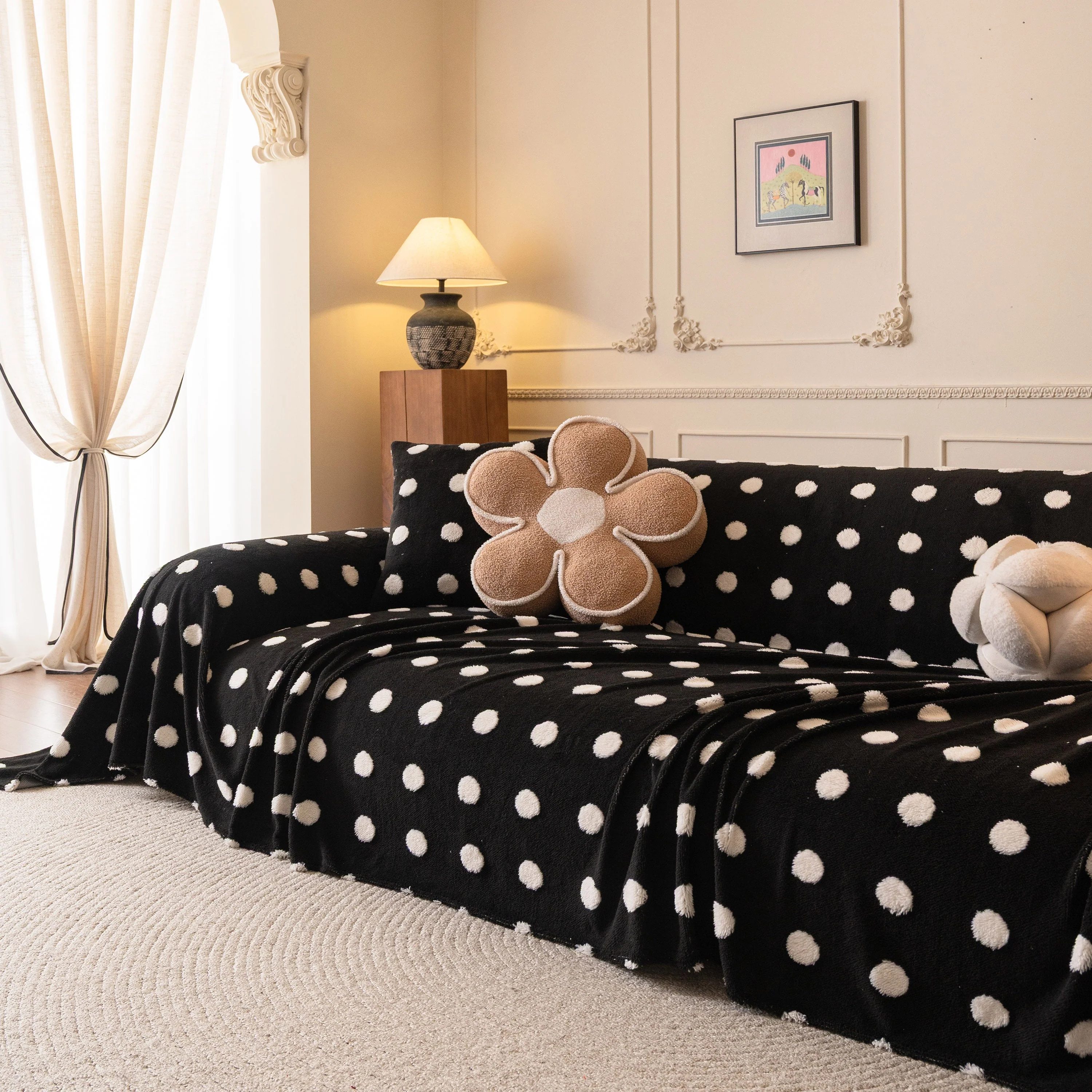 Plush Fleece Sofa Cover Throw, Soft Textured Polka Dot Couch Protector Blanket for Pets - Image 47