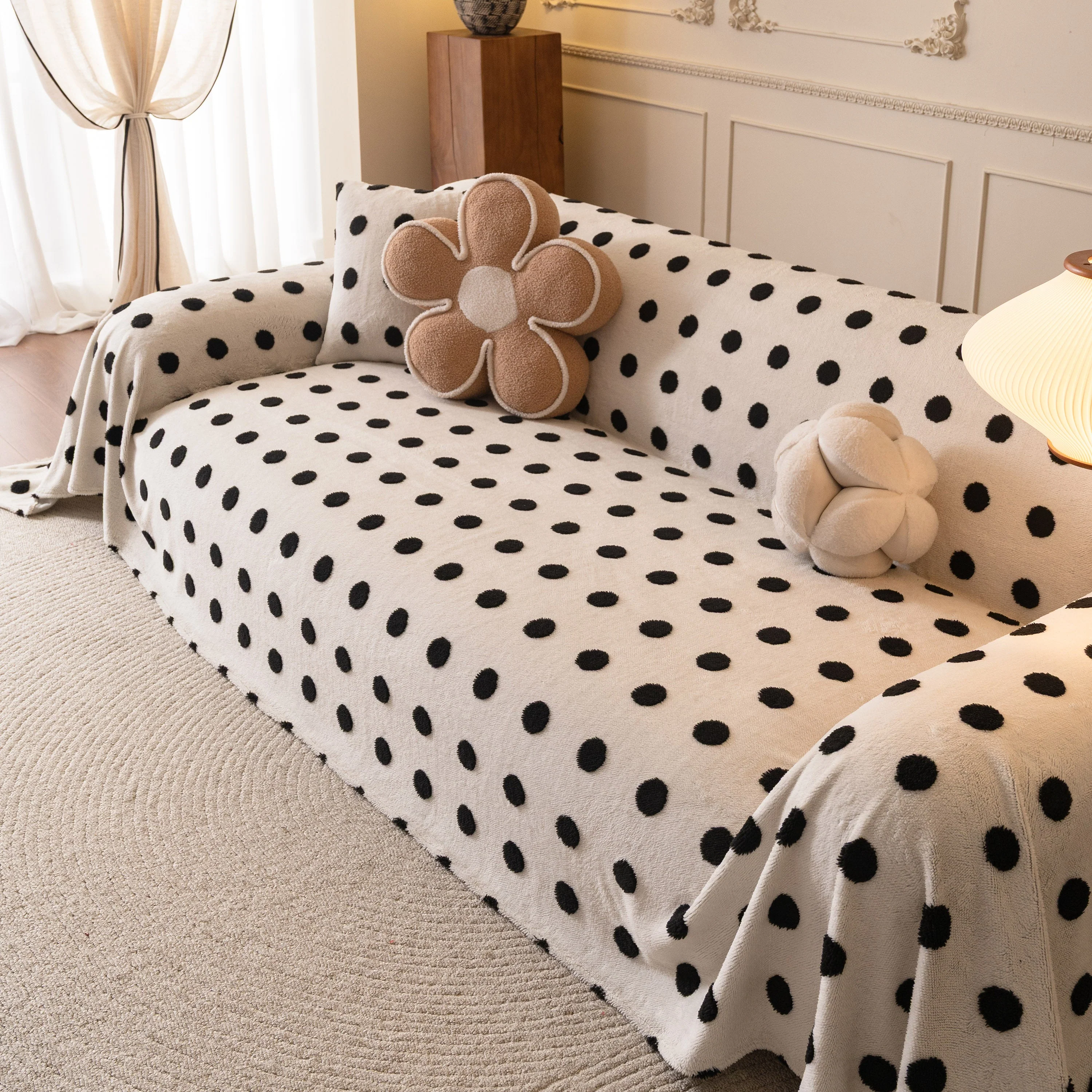 Plush Fleece Sofa Cover Throw, Soft Textured Polka Dot Couch Protector Blanket for Pets - Image 56