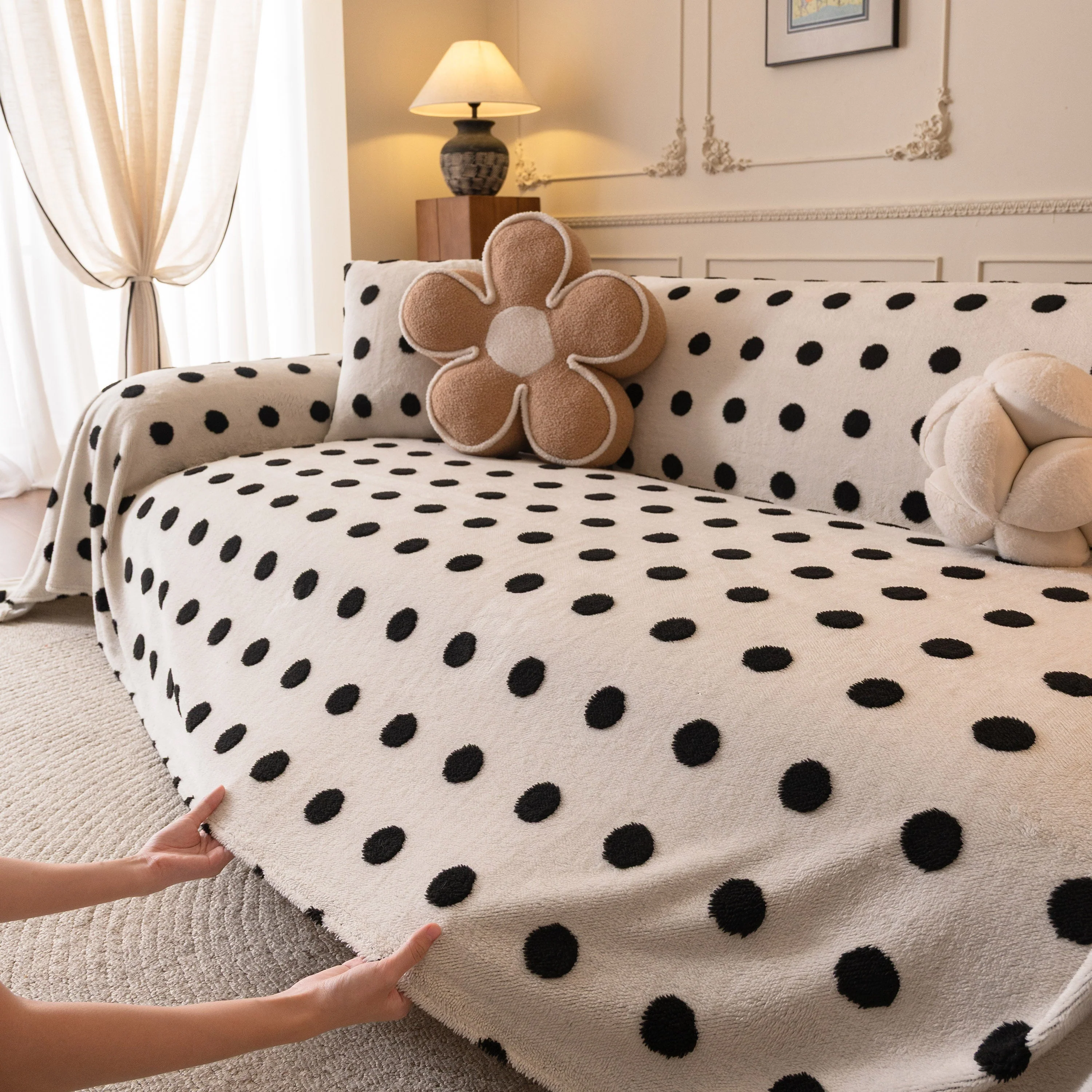 Plush Fleece Sofa Cover Throw, Soft Textured Polka Dot Couch Protector Blanket for Pets - Image 60