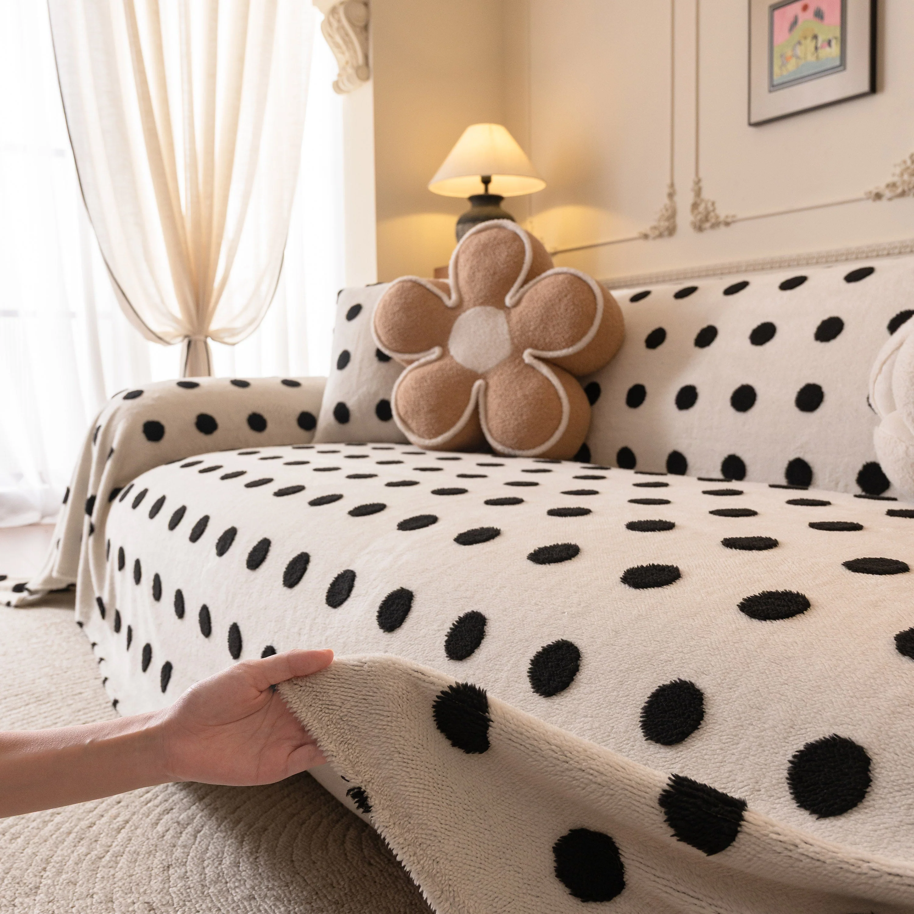 Plush Fleece Sofa Cover Throw, Soft Textured Polka Dot Couch Protector Blanket for Pets - Image 61