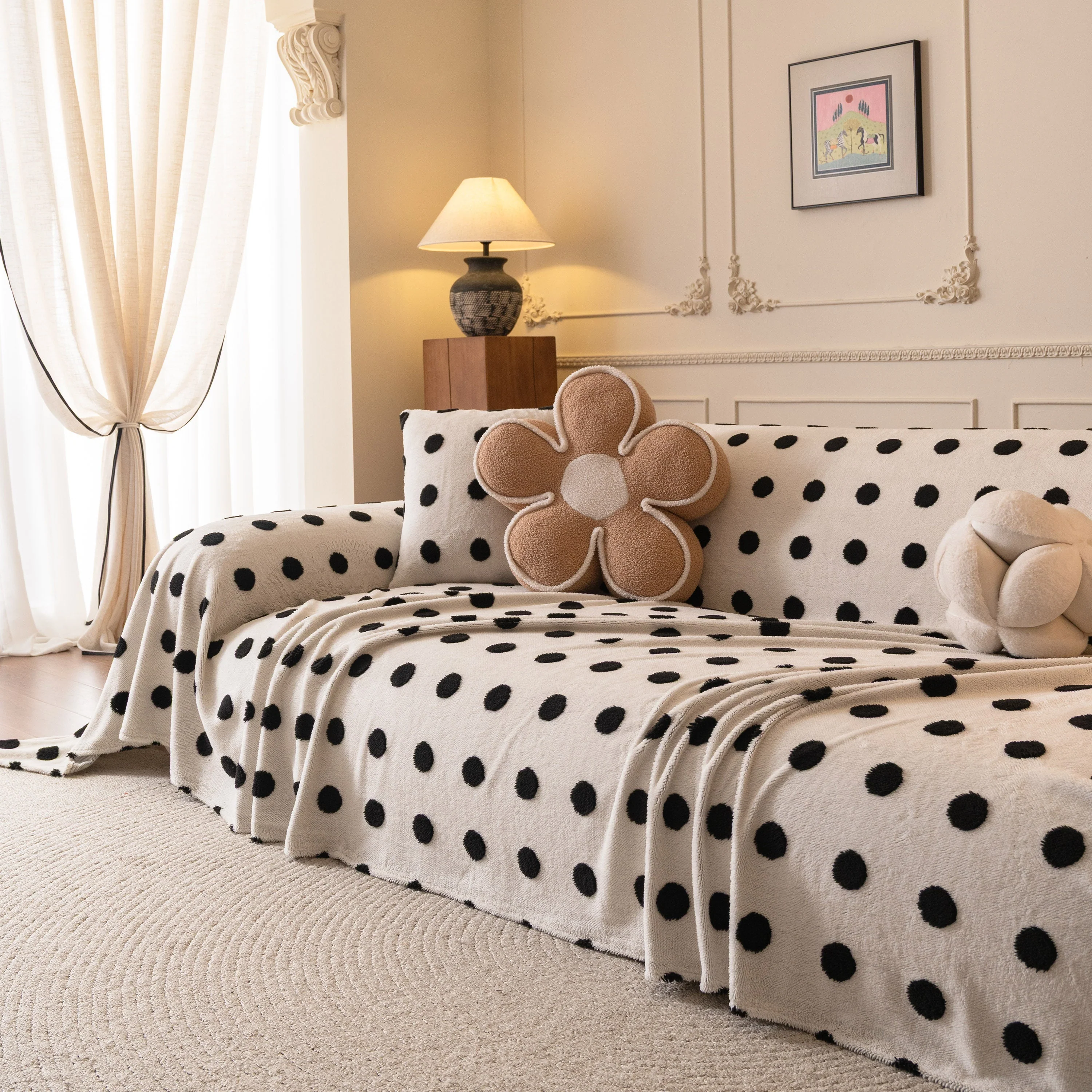 Plush Fleece Sofa Cover Throw, Soft Textured Polka Dot Couch Protector Blanket for Pets - Image 66