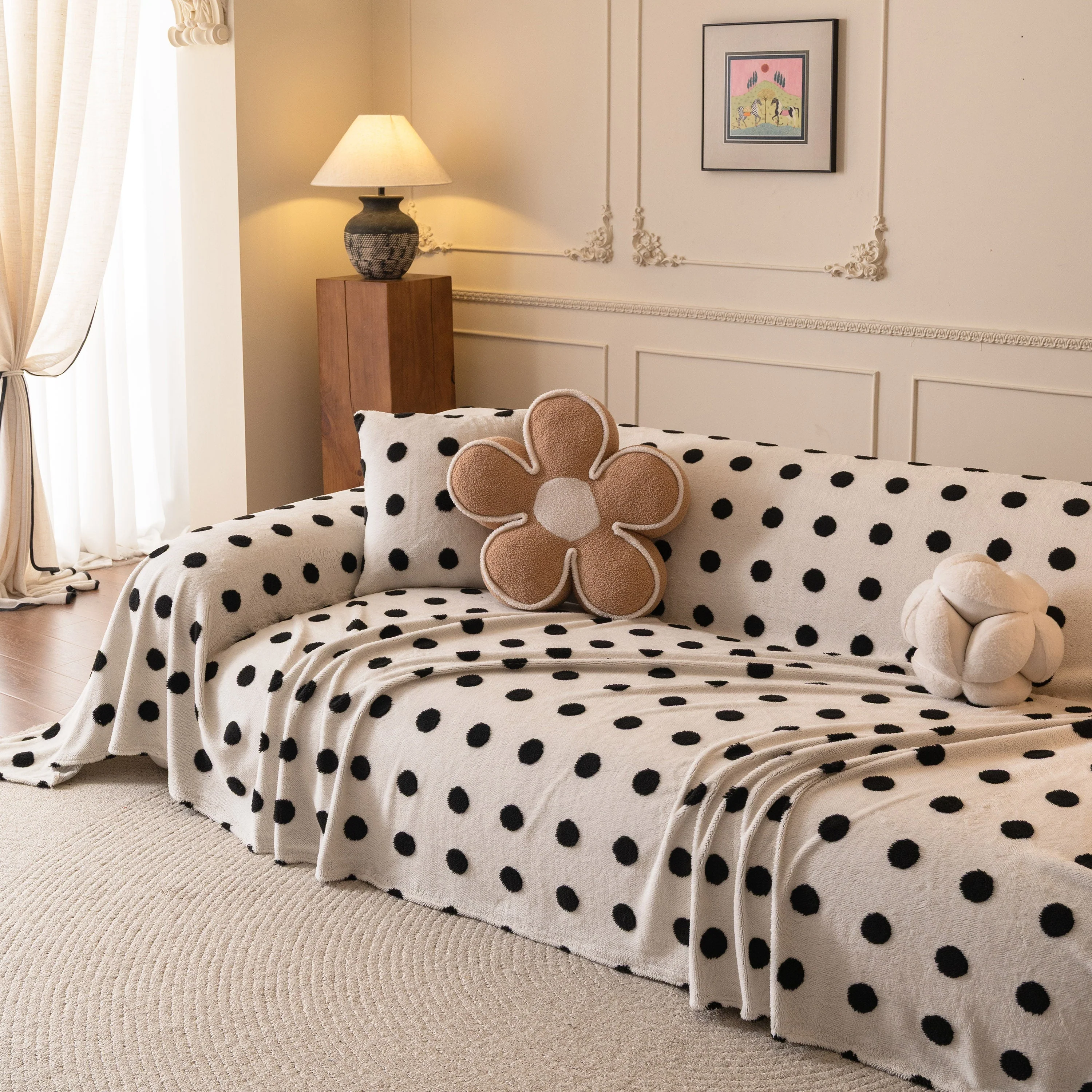 Plush Fleece Sofa Cover Throw, Soft Textured Polka Dot Couch Protector Blanket for Pets - Image 67