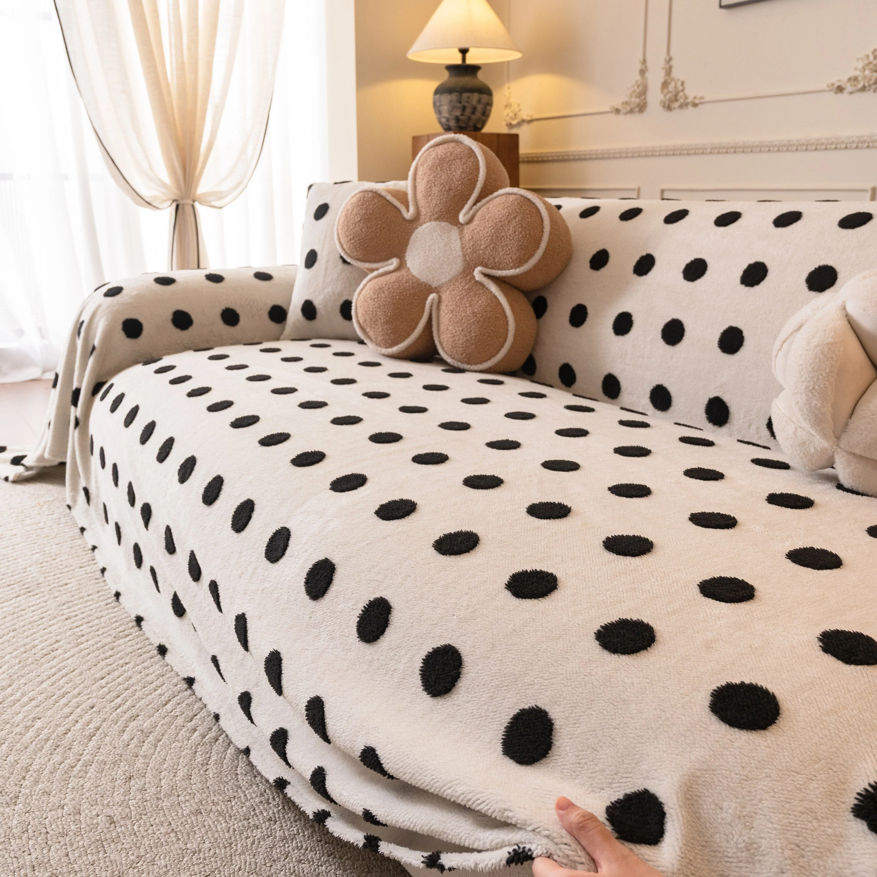 Plush Fleece Sofa Cover Throw, Soft Textured Polka Dot Couch Protector Blanket for Pets - Image 68