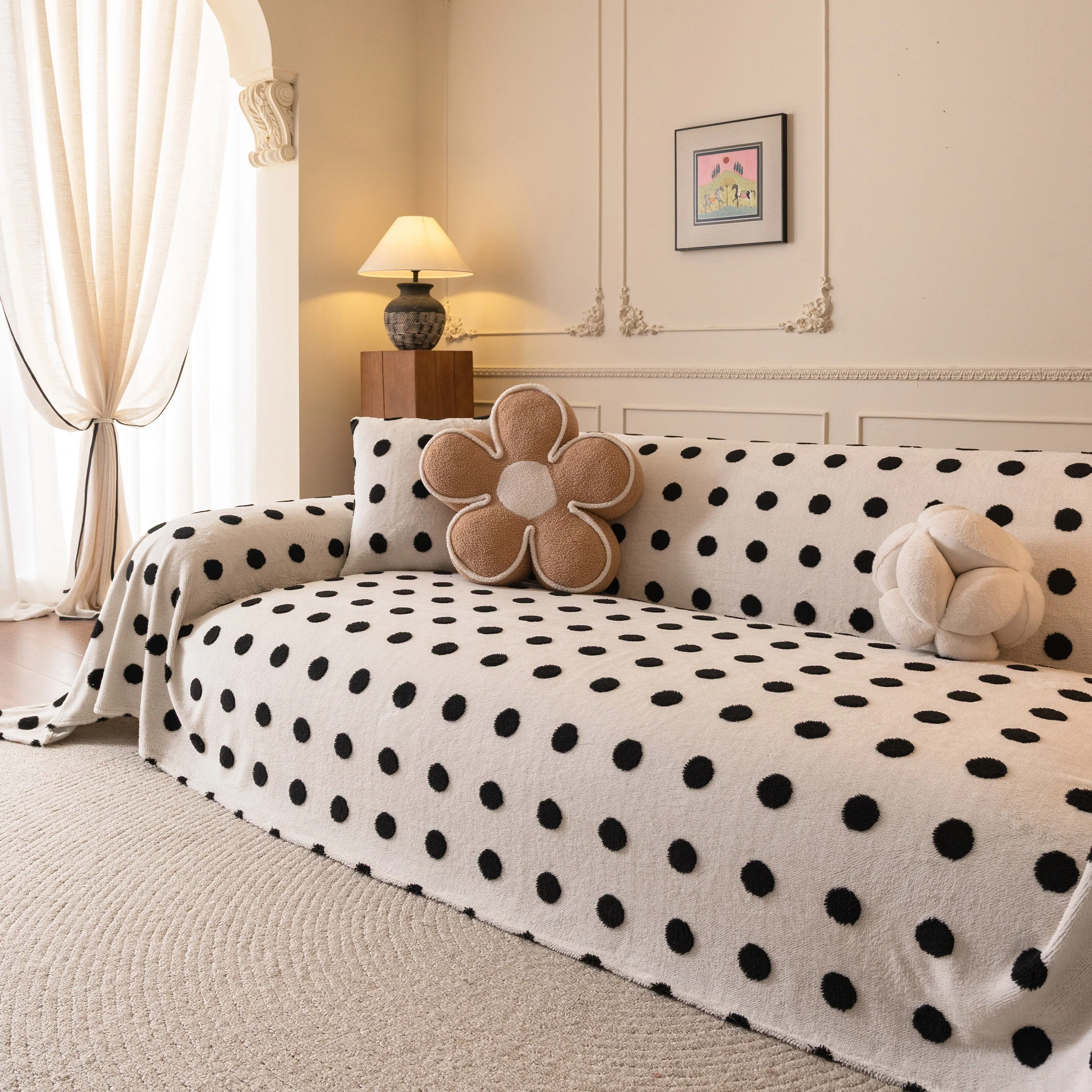 Plush Fleece Sofa Cover Throw, Soft Textured Polka Dot Couch Protector Blanket for Pets - Image 69