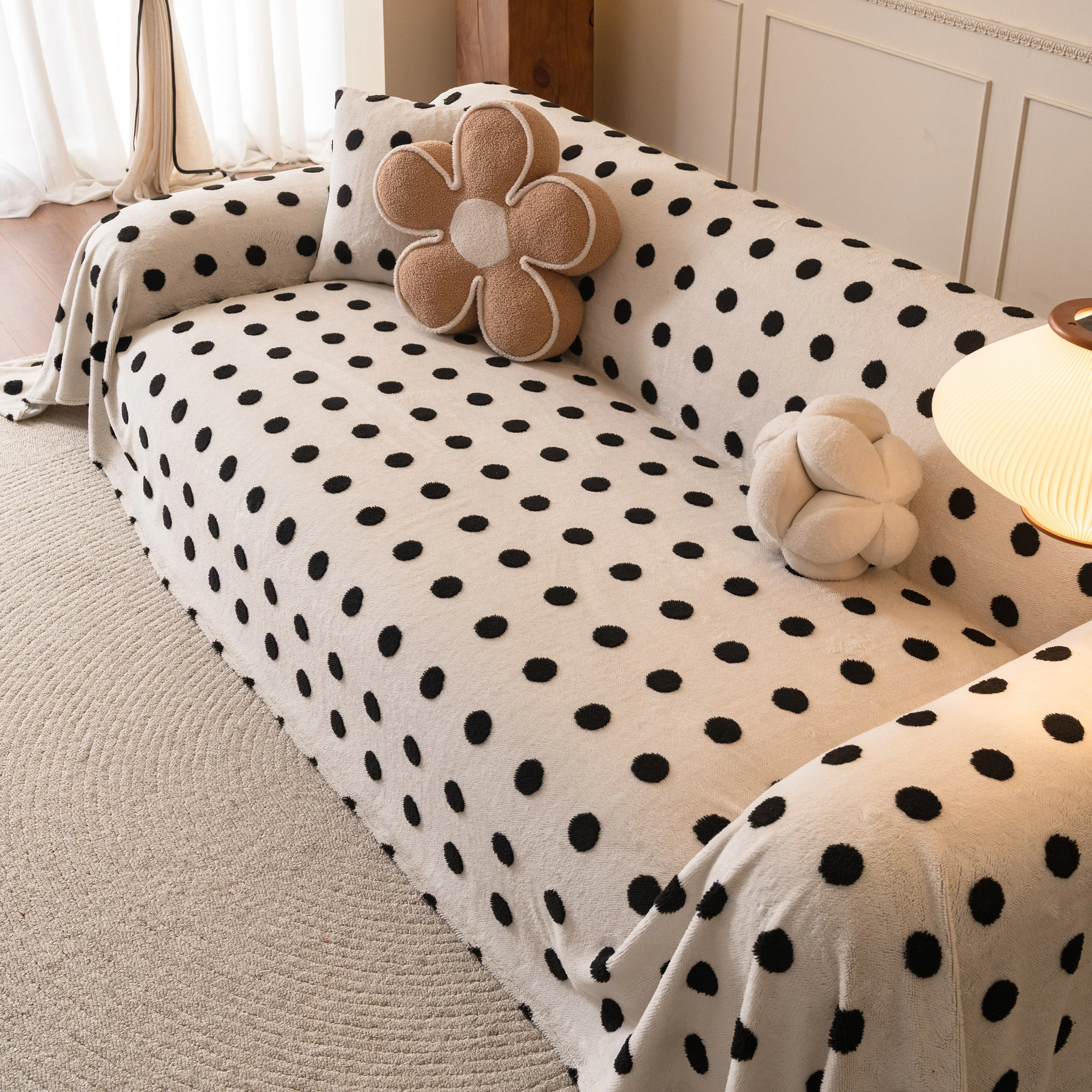 Plush Fleece Sofa Cover Throw, Soft Textured Polka Dot Couch Protector Blanket for Pets - Image 72
