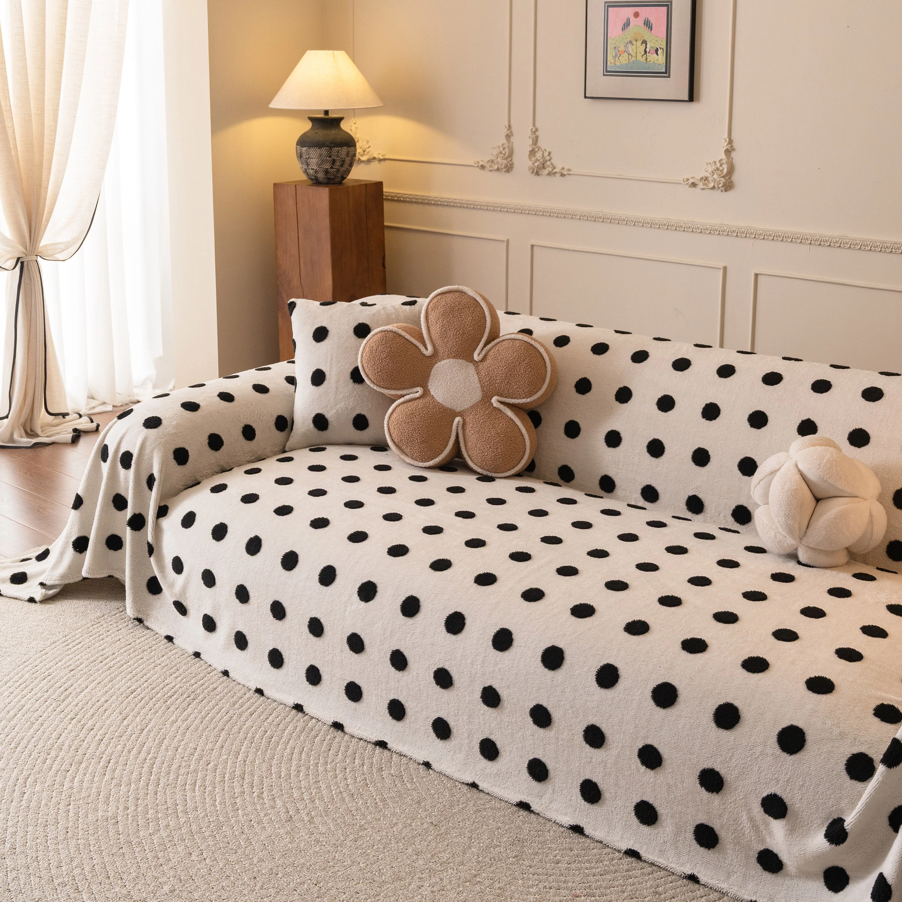 Plush Fleece Sofa Cover Throw, Soft Textured Polka Dot Couch Protector Blanket for Pets - Image 74