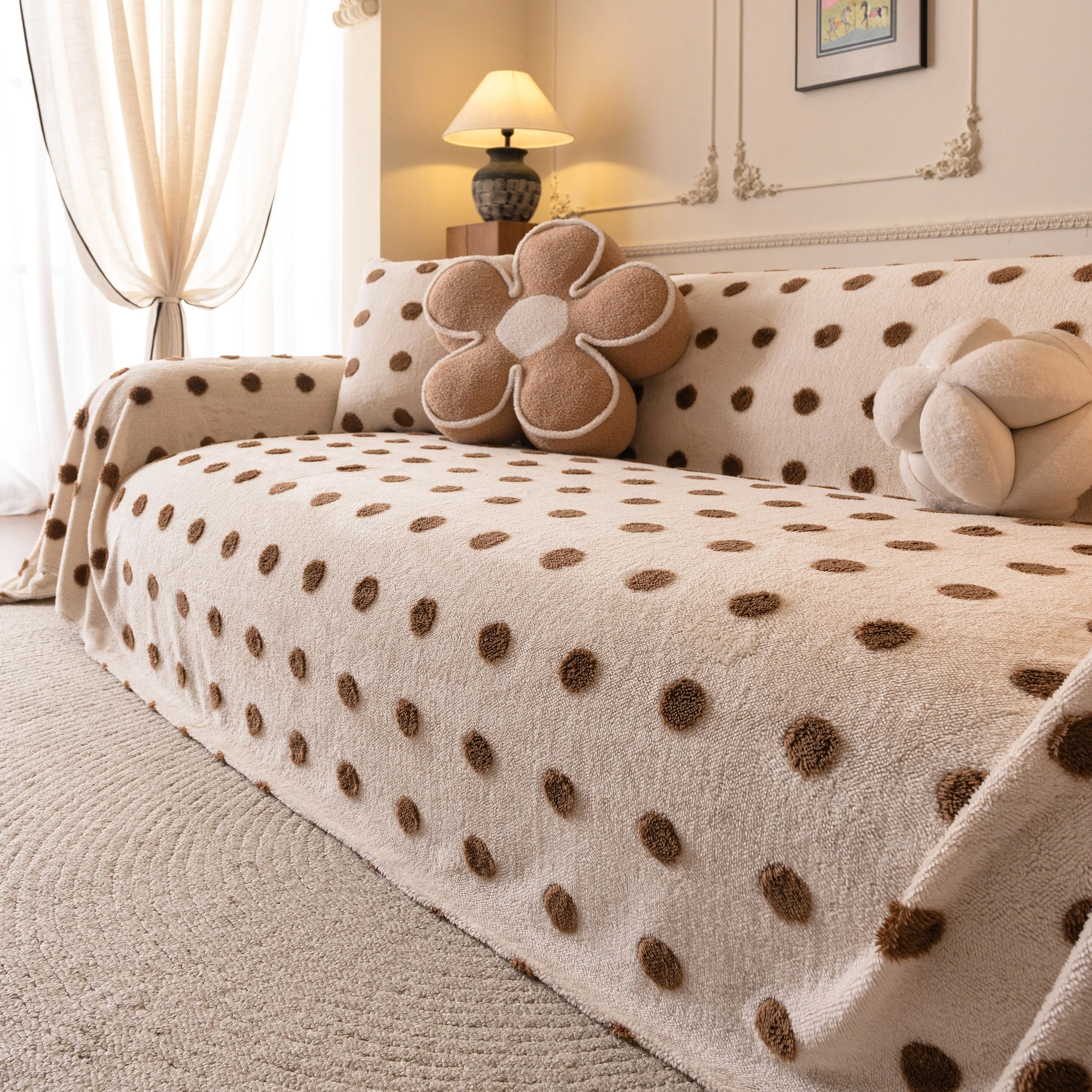 Plush Fleece Sofa Cover Throw, Soft Textured Polka Dot Couch Protector Blanket for Pets - Image 77