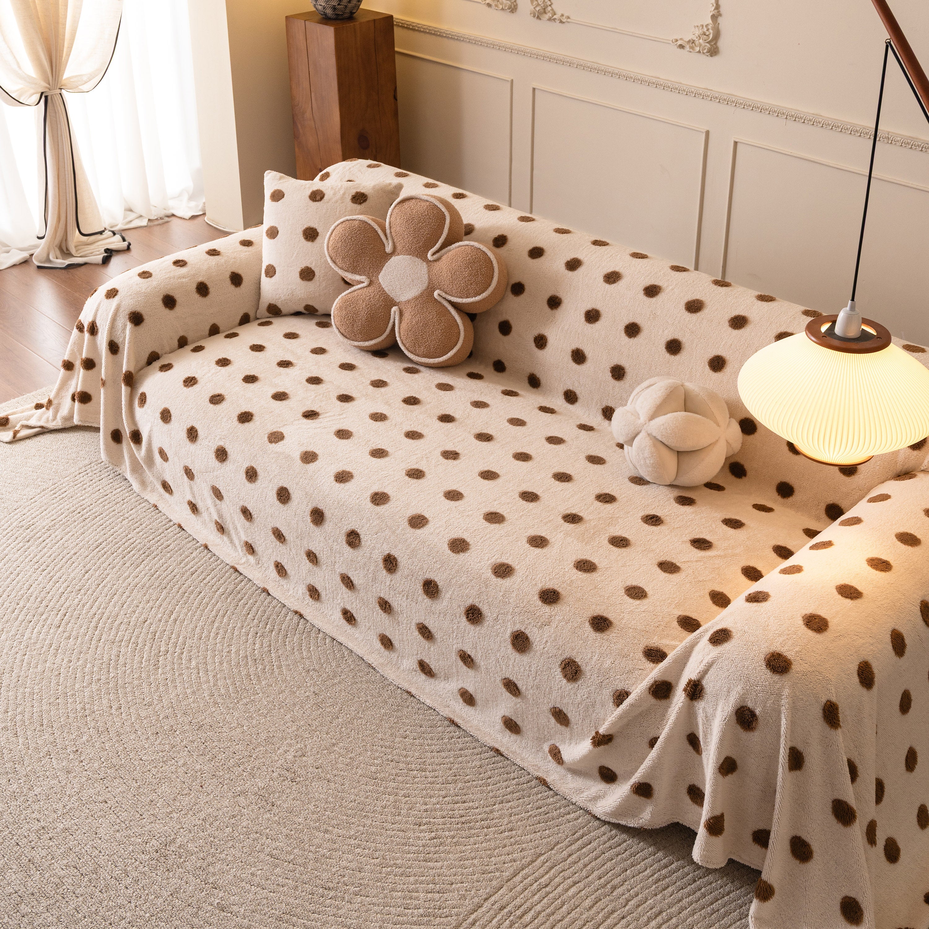 Plush Fleece Sofa Cover Throw, Soft Textured Polka Dot Couch Protector Blanket for Pets - Image 79