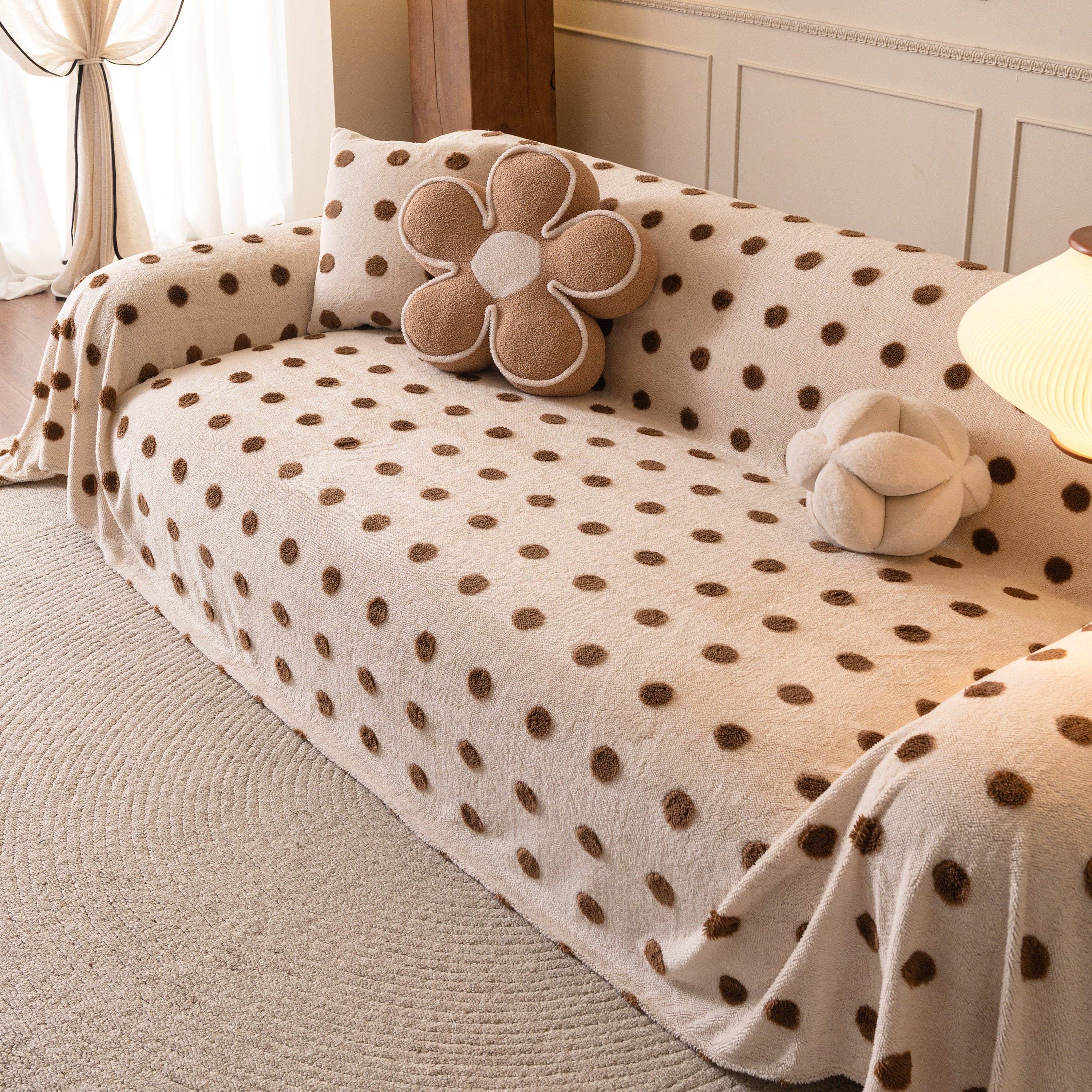 Plush Fleece Sofa Cover Throw, Soft Textured Polka Dot Couch Protector Blanket for Pets - Image 80