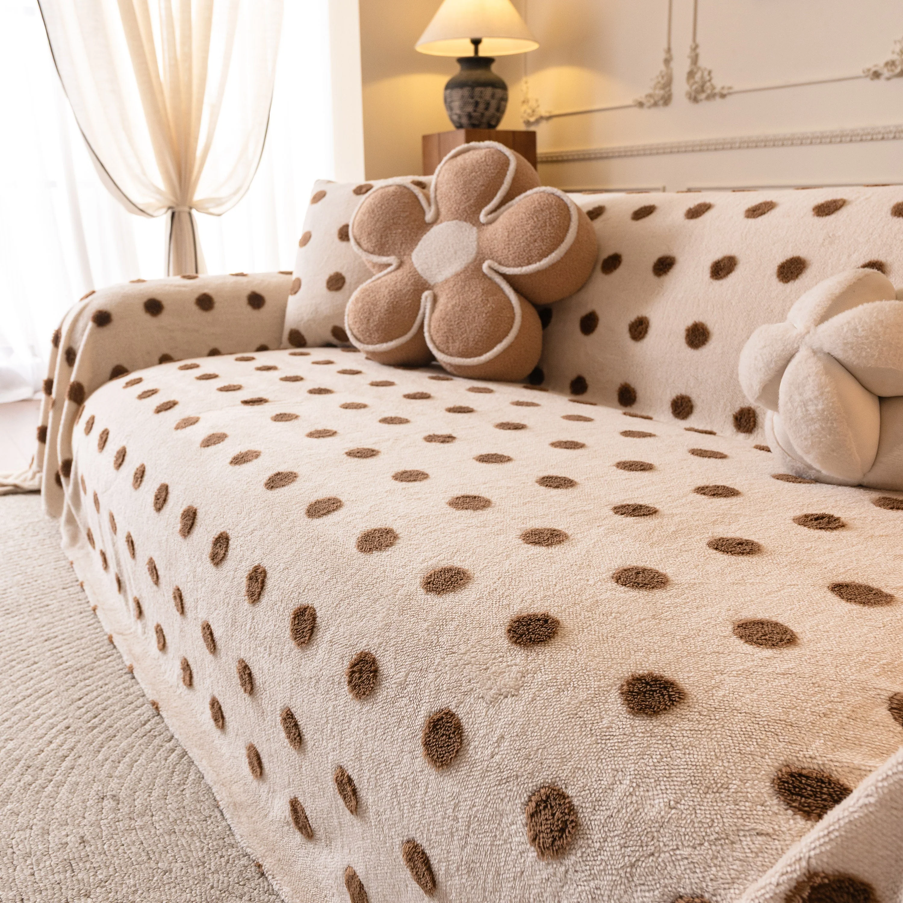Plush Fleece Sofa Cover Throw, Soft Textured Polka Dot Couch Protector Blanket for Pets - Image 82