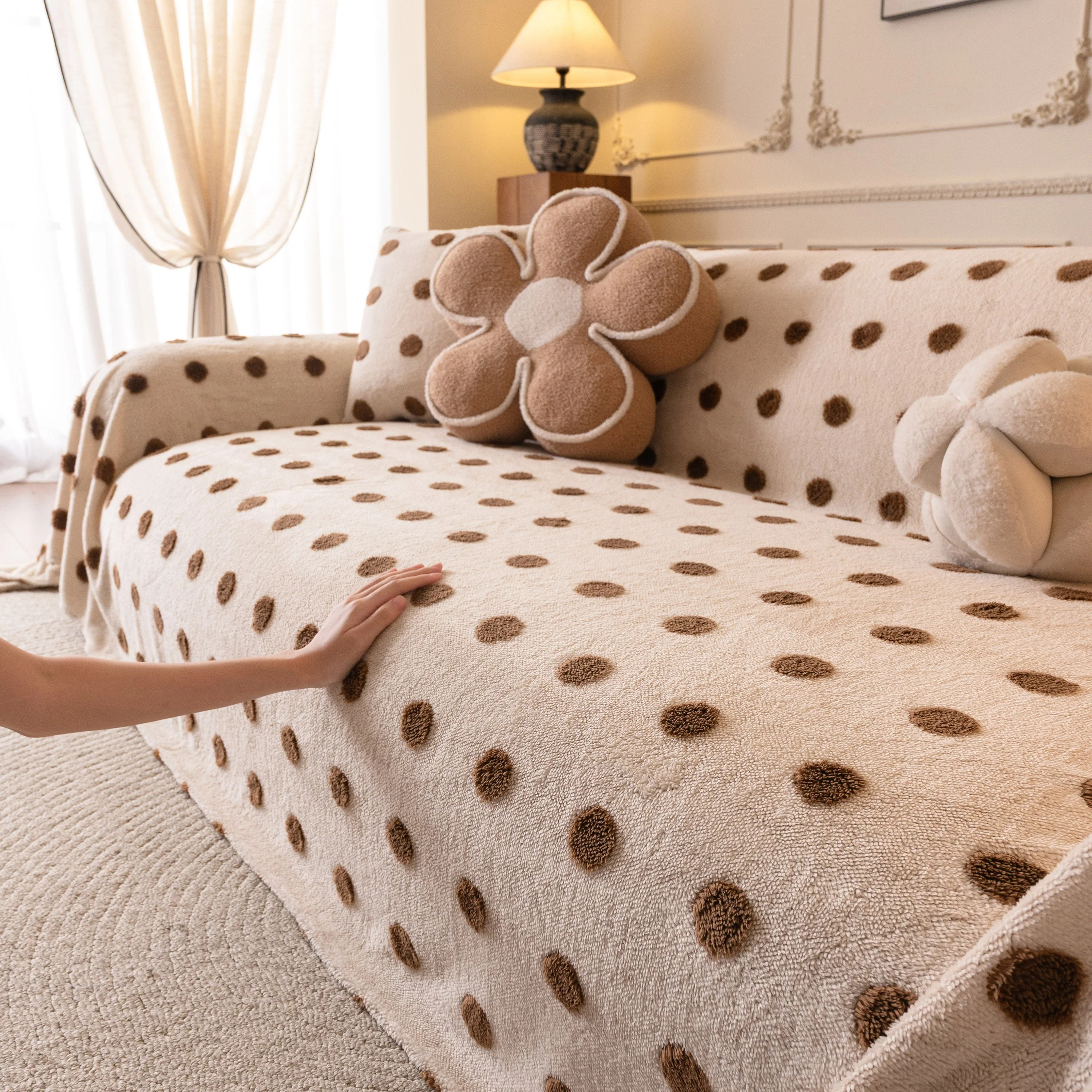 Plush Fleece Sofa Cover Throw, Soft Textured Polka Dot Couch Protector Blanket for Pets - Image 83