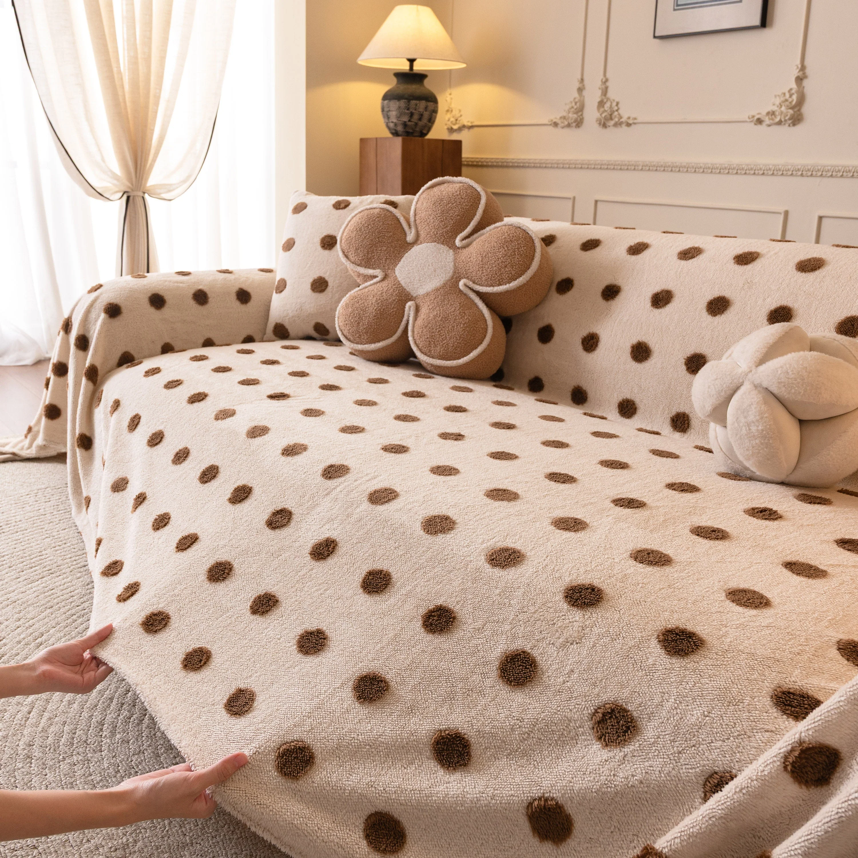 Plush Fleece Sofa Cover Throw, Soft Textured Polka Dot Couch Protector Blanket for Pets - Image 84