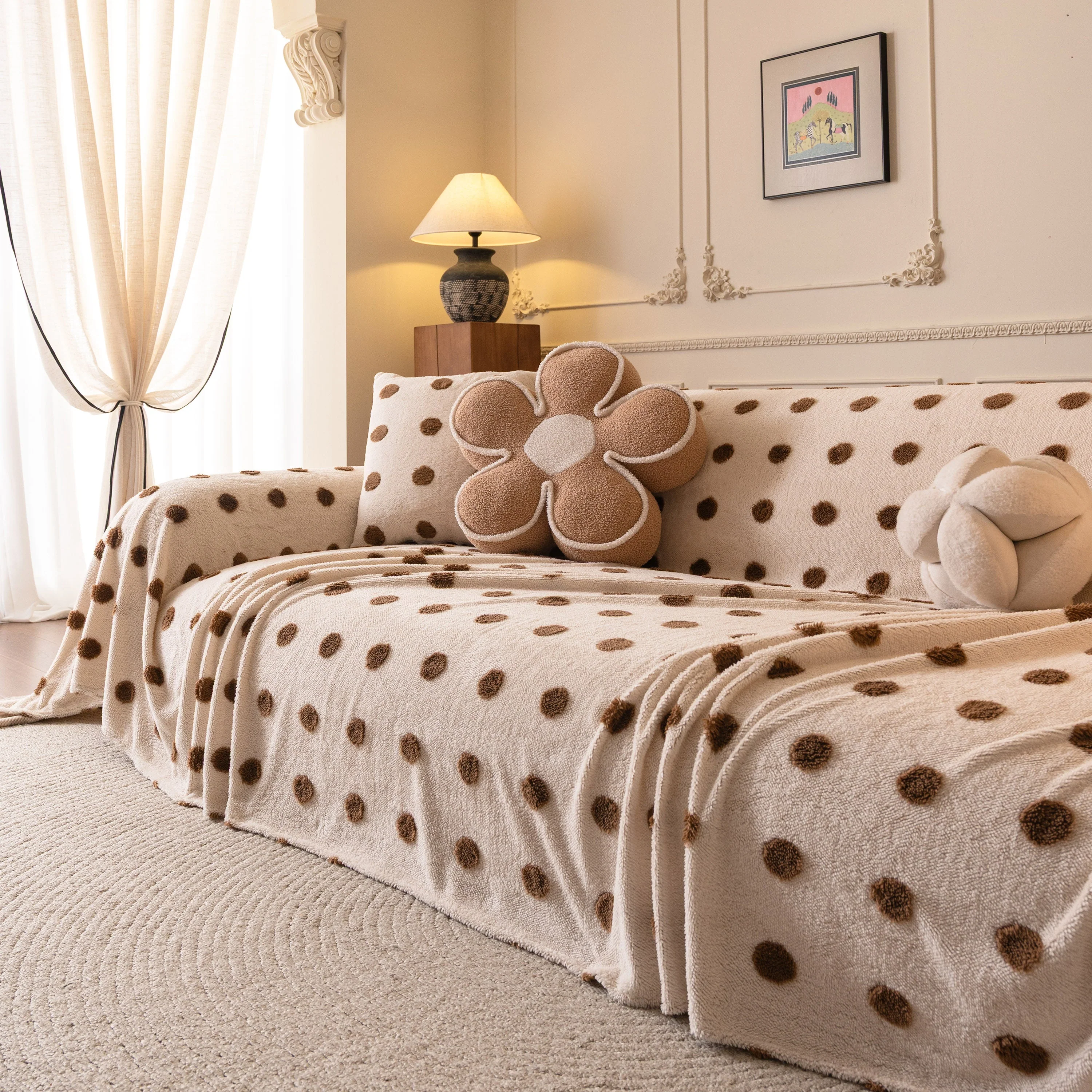 Plush Fleece Sofa Cover Throw, Soft Textured Polka Dot Couch Protector Blanket for Pets - Image 91