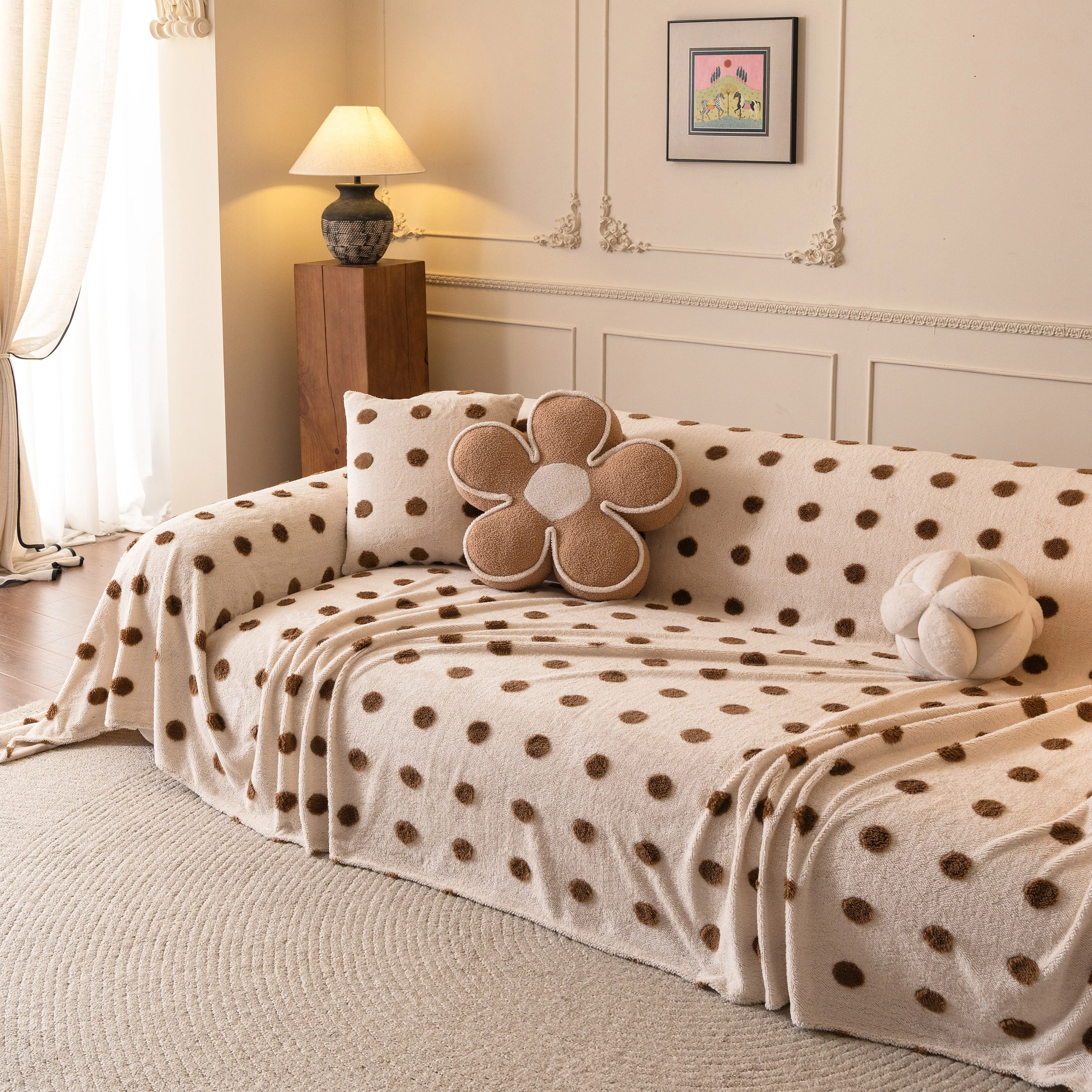 Plush Fleece Sofa Cover Throw, Soft Textured Polka Dot Couch Protector Blanket for Pets - Image 92