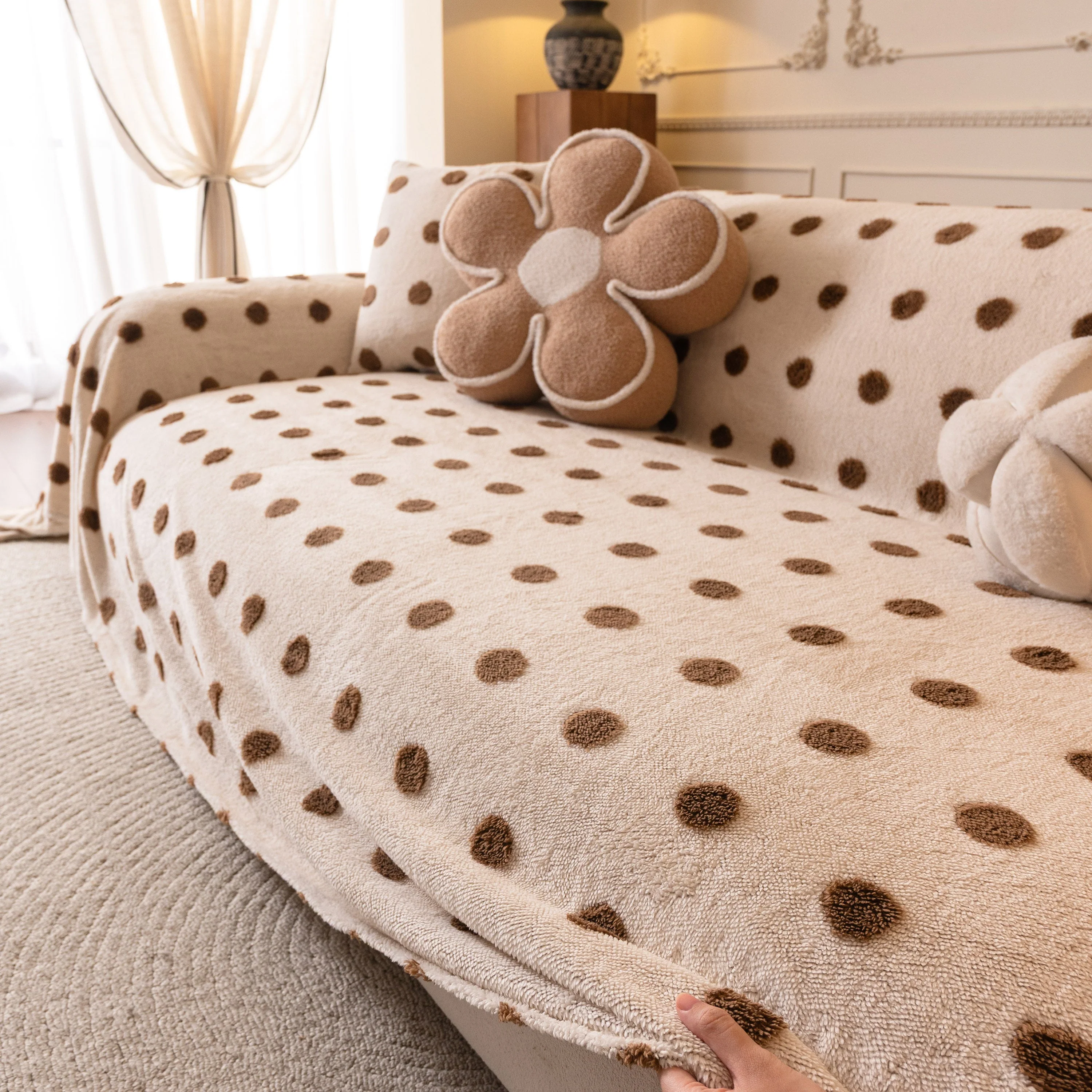 Plush Fleece Sofa Cover Throw, Soft Textured Polka Dot Couch Protector Blanket for Pets - Image 93