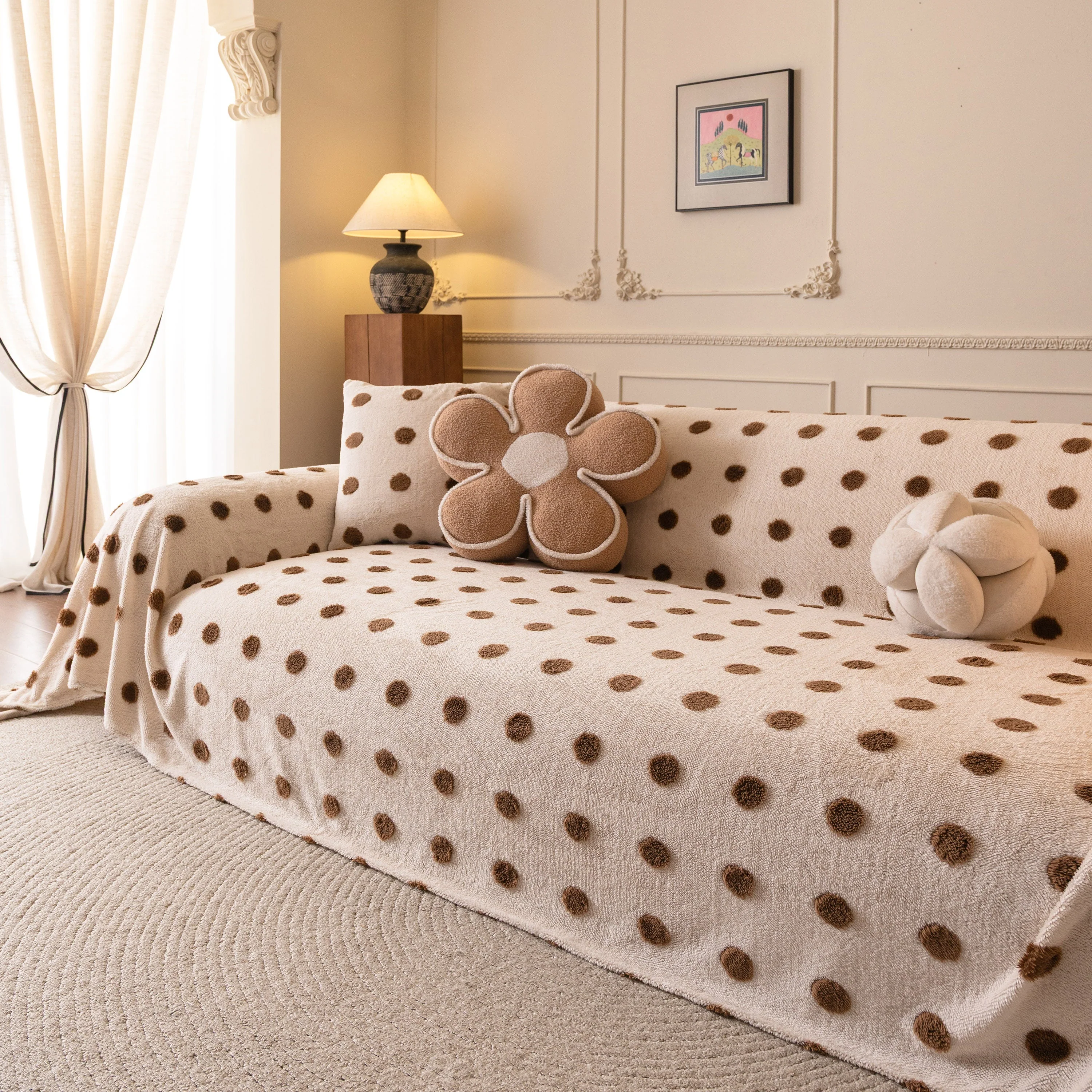 Plush Fleece Sofa Cover Throw, Soft Textured Polka Dot Couch Protector Blanket for Pets - Image 94