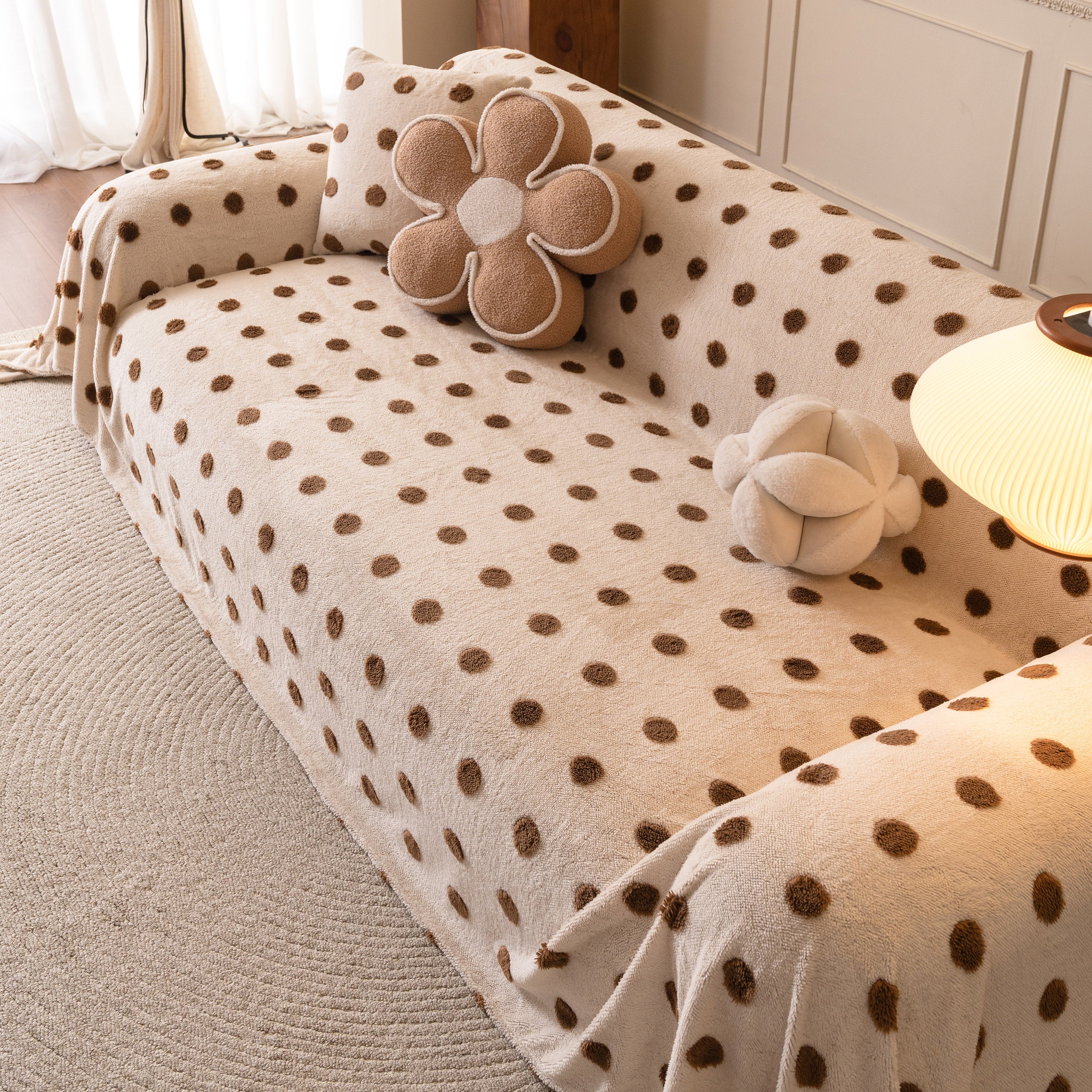 Plush Fleece Sofa Cover Throw, Soft Textured Polka Dot Couch Protector Blanket for Pets - Image 97