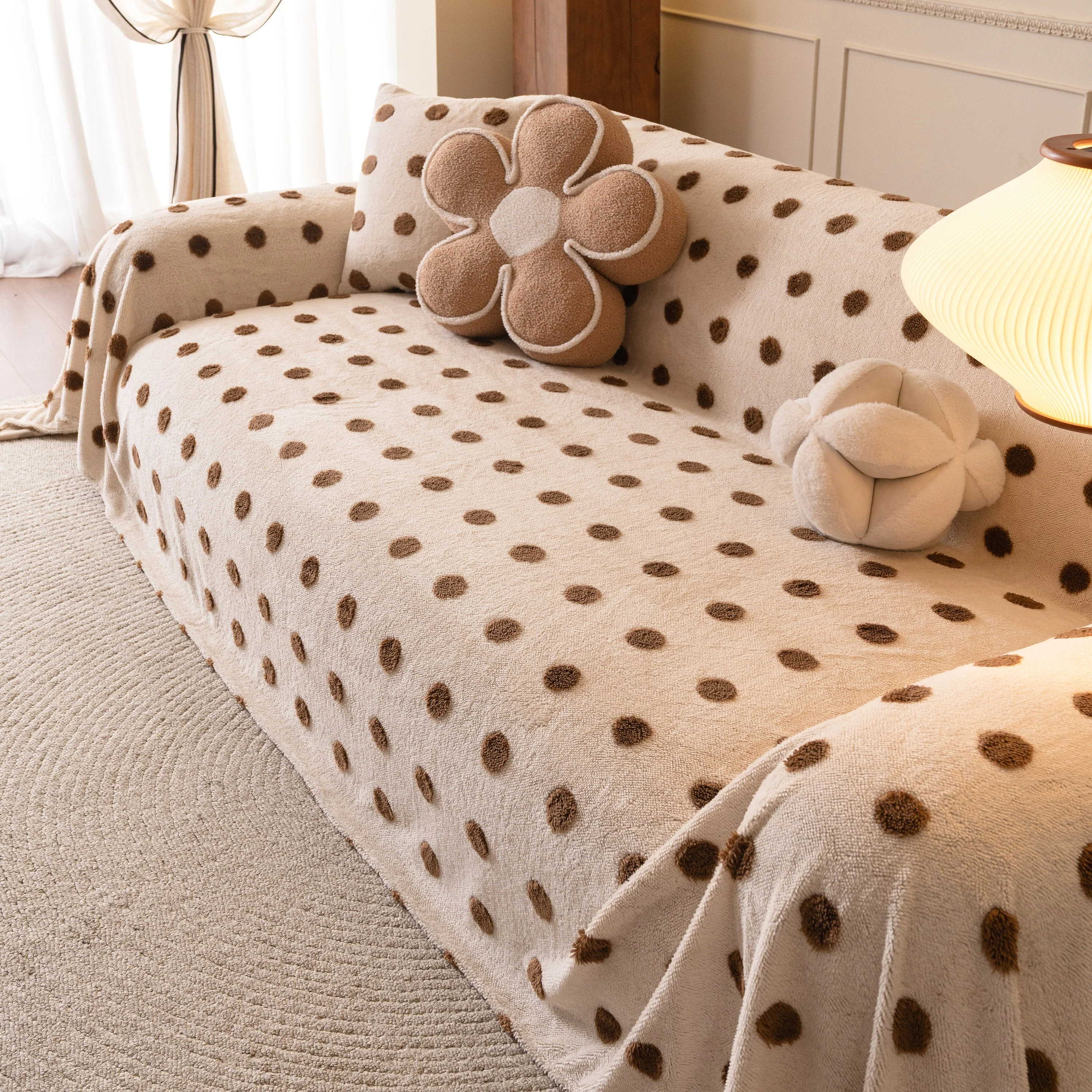 Plush Fleece Sofa Cover Throw, Soft Textured Polka Dot Couch Protector Blanket for Pets - Image 98