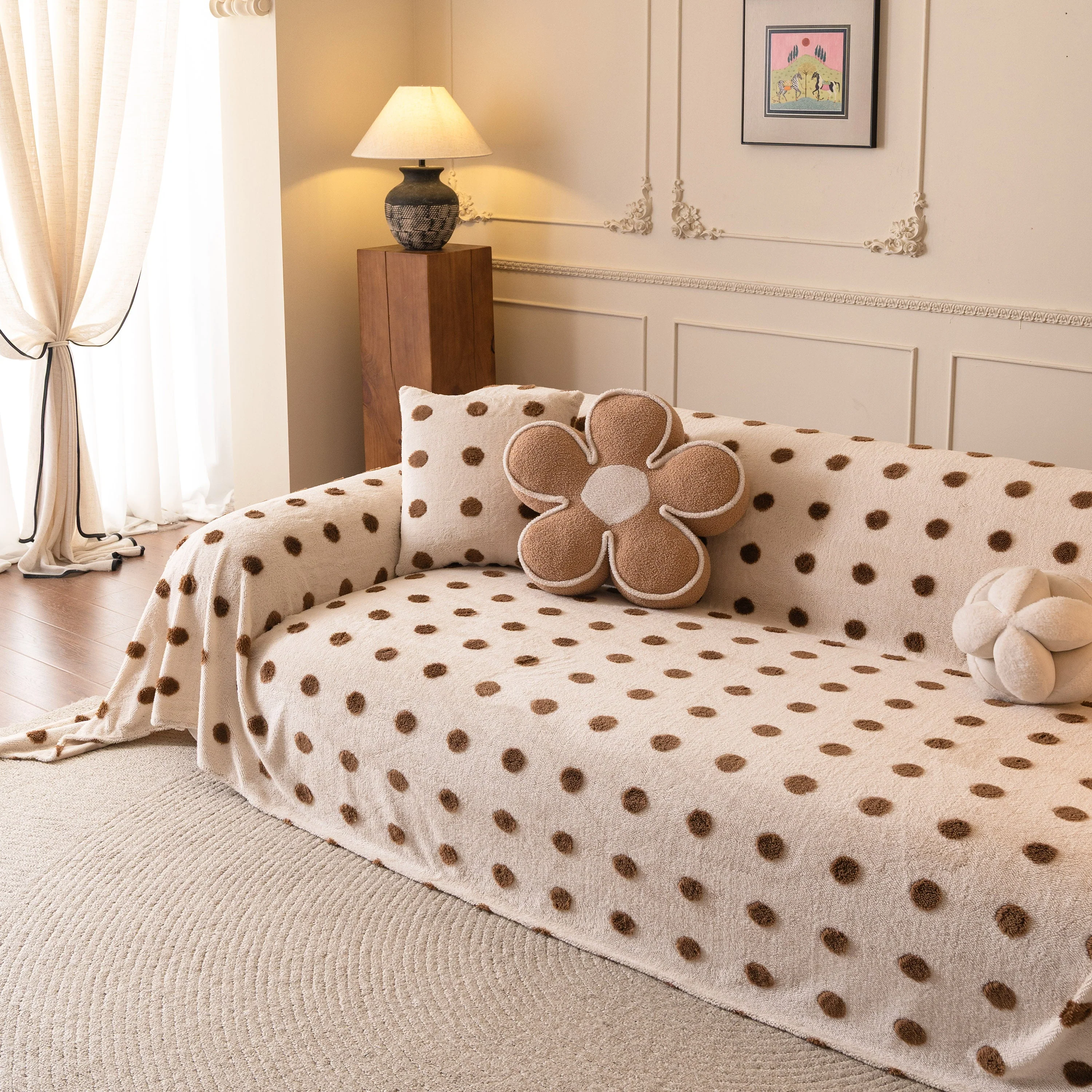 Plush Fleece Sofa Cover Throw, Soft Textured Polka Dot Couch Protector Blanket for Pets - Image 99