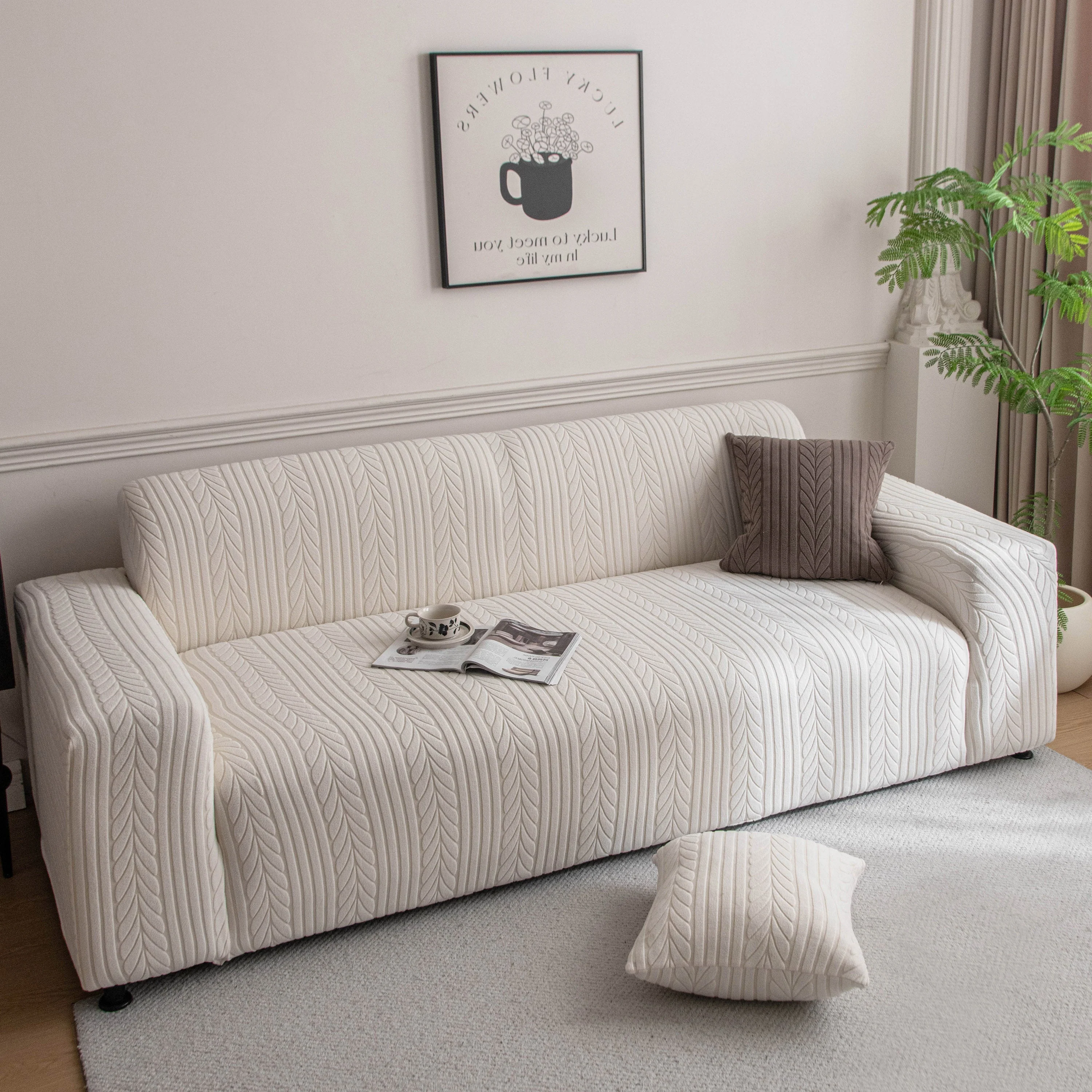 Plush Fleece Sofa Slipcover with 3D Wheat Pattern, Cozy High-Stretch Couch Cover - Image 15